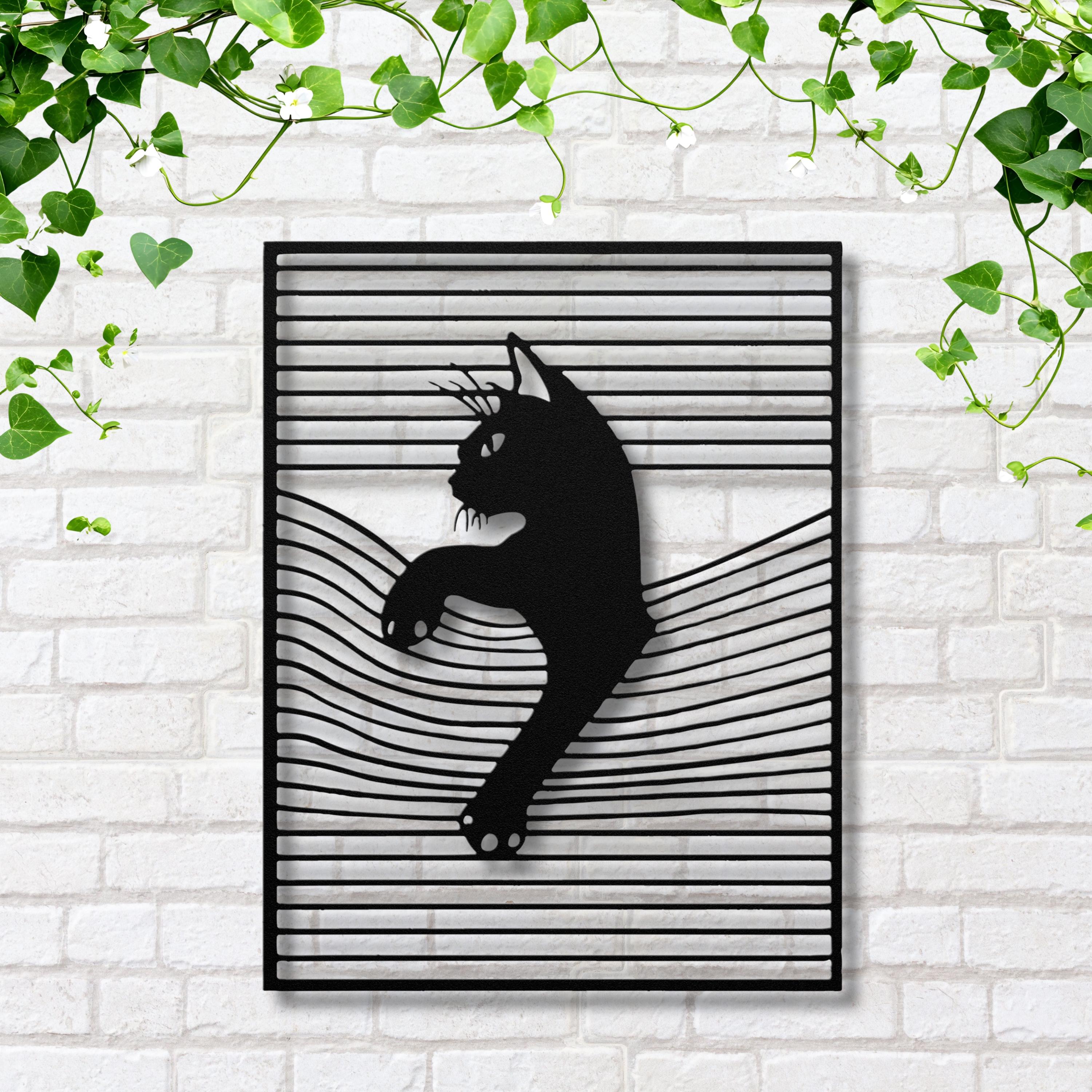 Curious Cat Metal Wall Art in Window Blinds | Feline Silhouette Sign | Unique Pet Lover Decor | Die-Cut Funny Gift