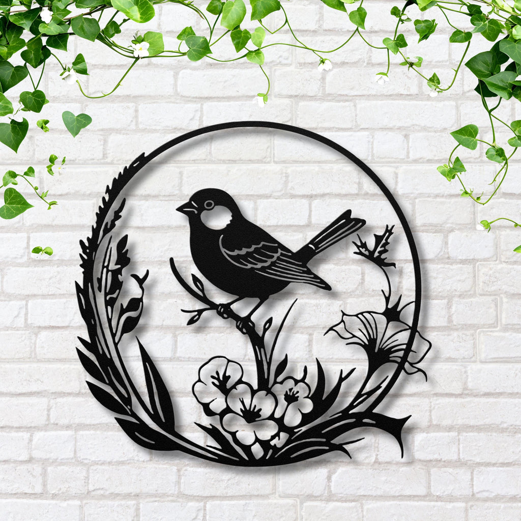 Metal Bird Wall Art, Floral Branch Silhouette, Nature Inspired Decor
