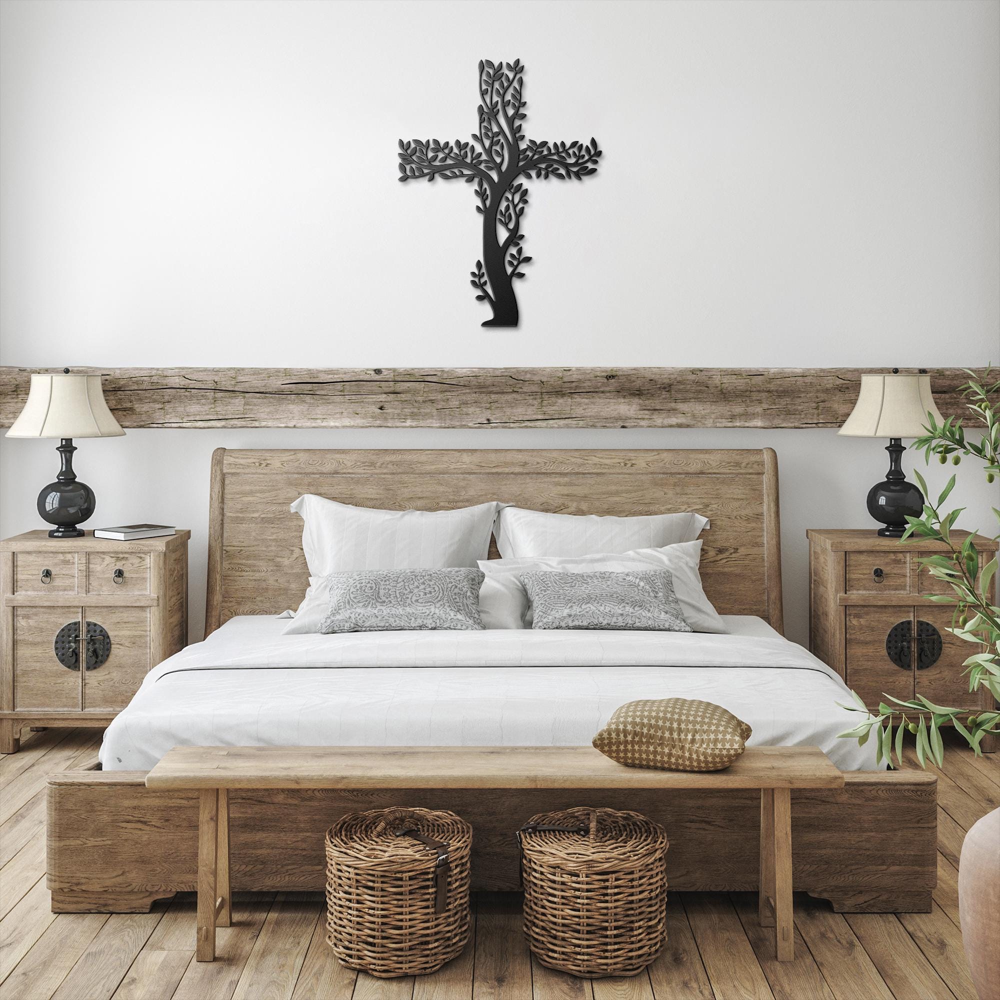 Tree of Life Cross Metal Wall Art, Christian Leaf Sign, Religious Nature Decor, Faith Gift
