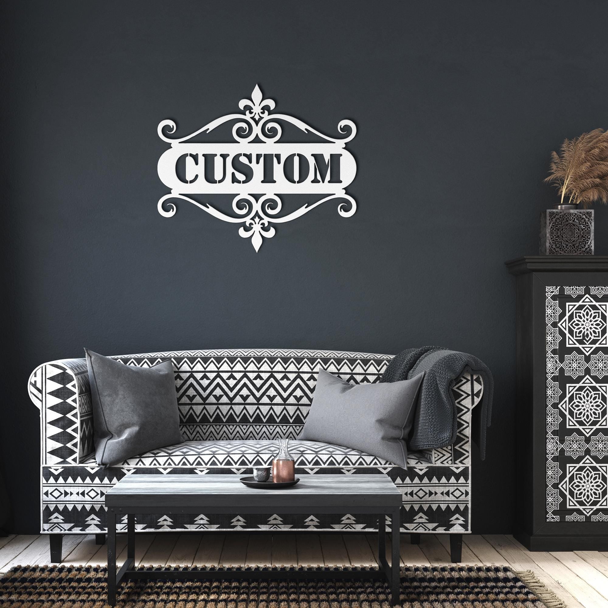 Custom Metal Sign | Personalized Name Sign With Fleur De Lis Monogram & Scroll Frame