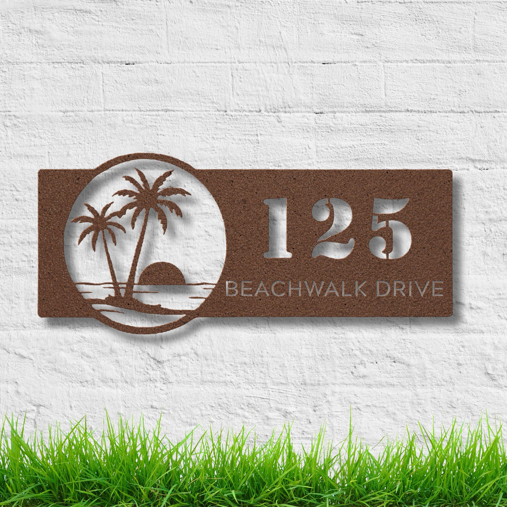 Personalized Palm Tree Address Metal Sign | Custom Number and Street Tropical Home Decor | Die-Cut Beach Gift