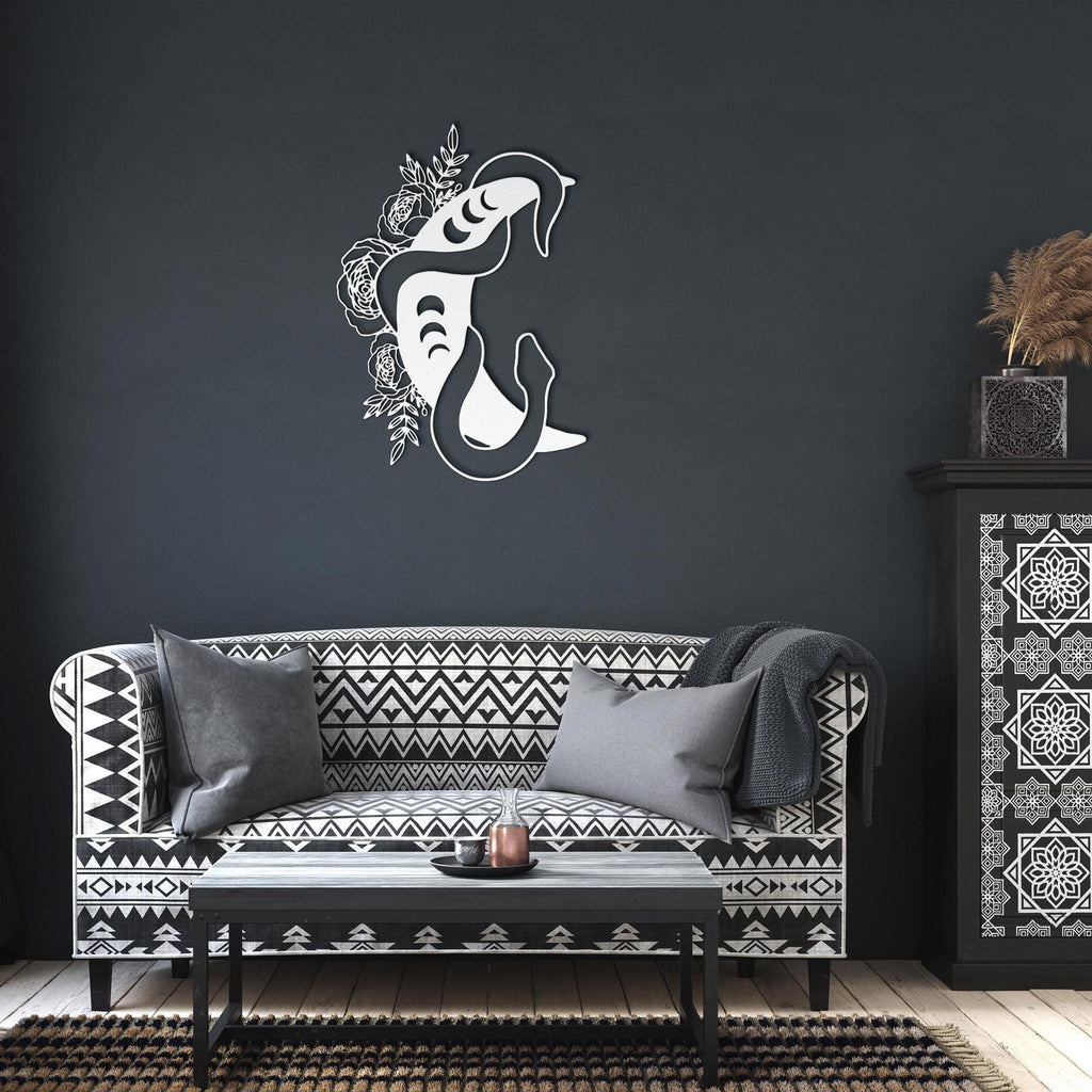 Celestial Snake Moon Metal Wall Art, Floral Serpent Sign, Mystic Occult Decor, Gothic Gift