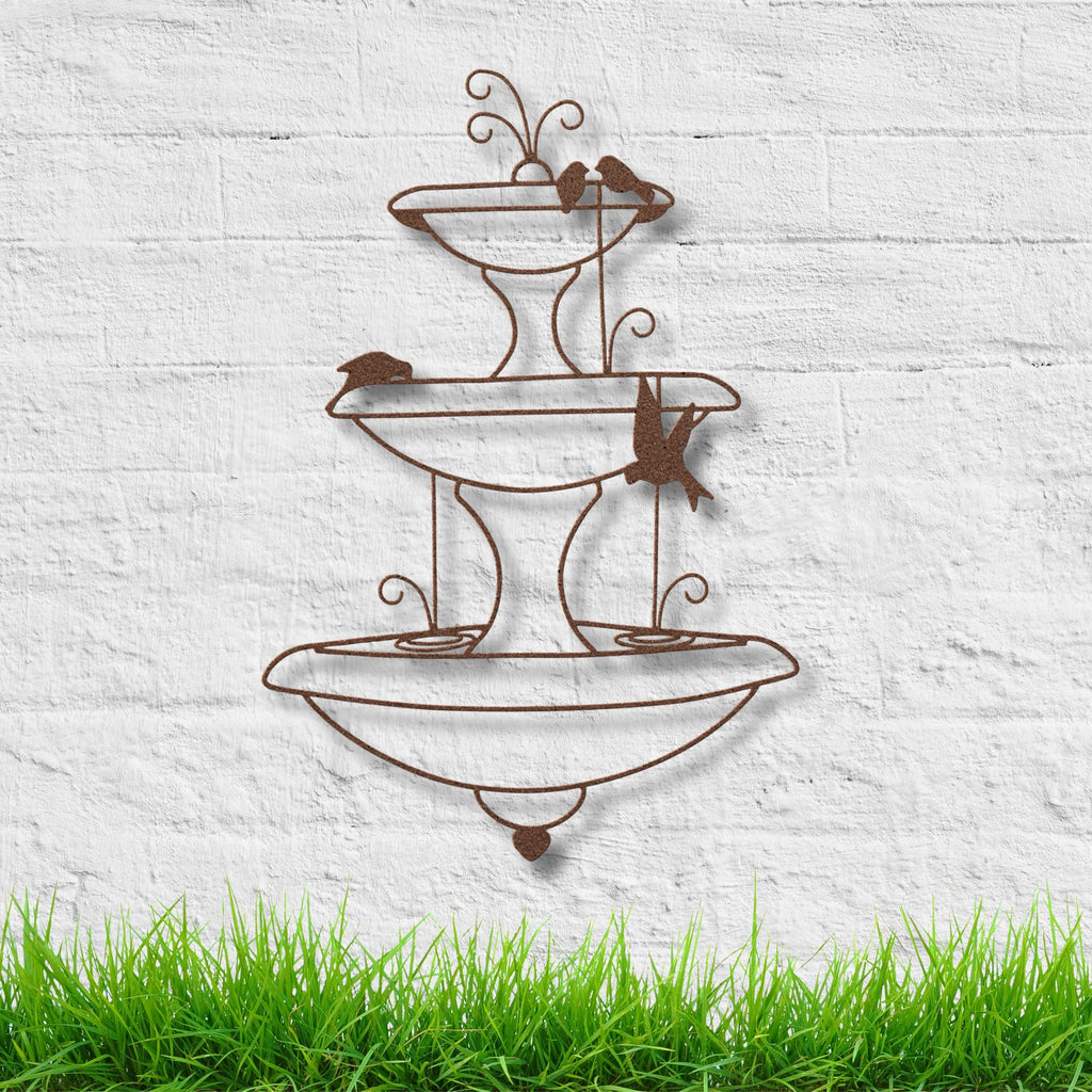 Tiered Fountain Metal Wall Art, Garden Bird Bath Decor, Elegant Nature Silhouette Sign