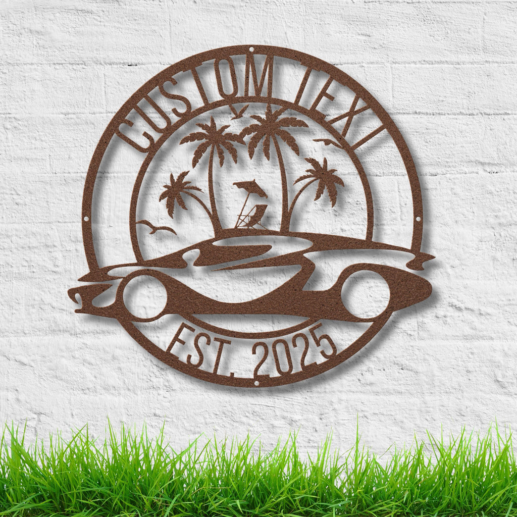 Personalized Race Car & Beach Metal Sign | Custom Text Garage or Man Cave Wall Art | Unique Automotive Enthusiast Gift