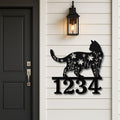 Floral Cat Address Sign: Custom Metal House Number Plaque
