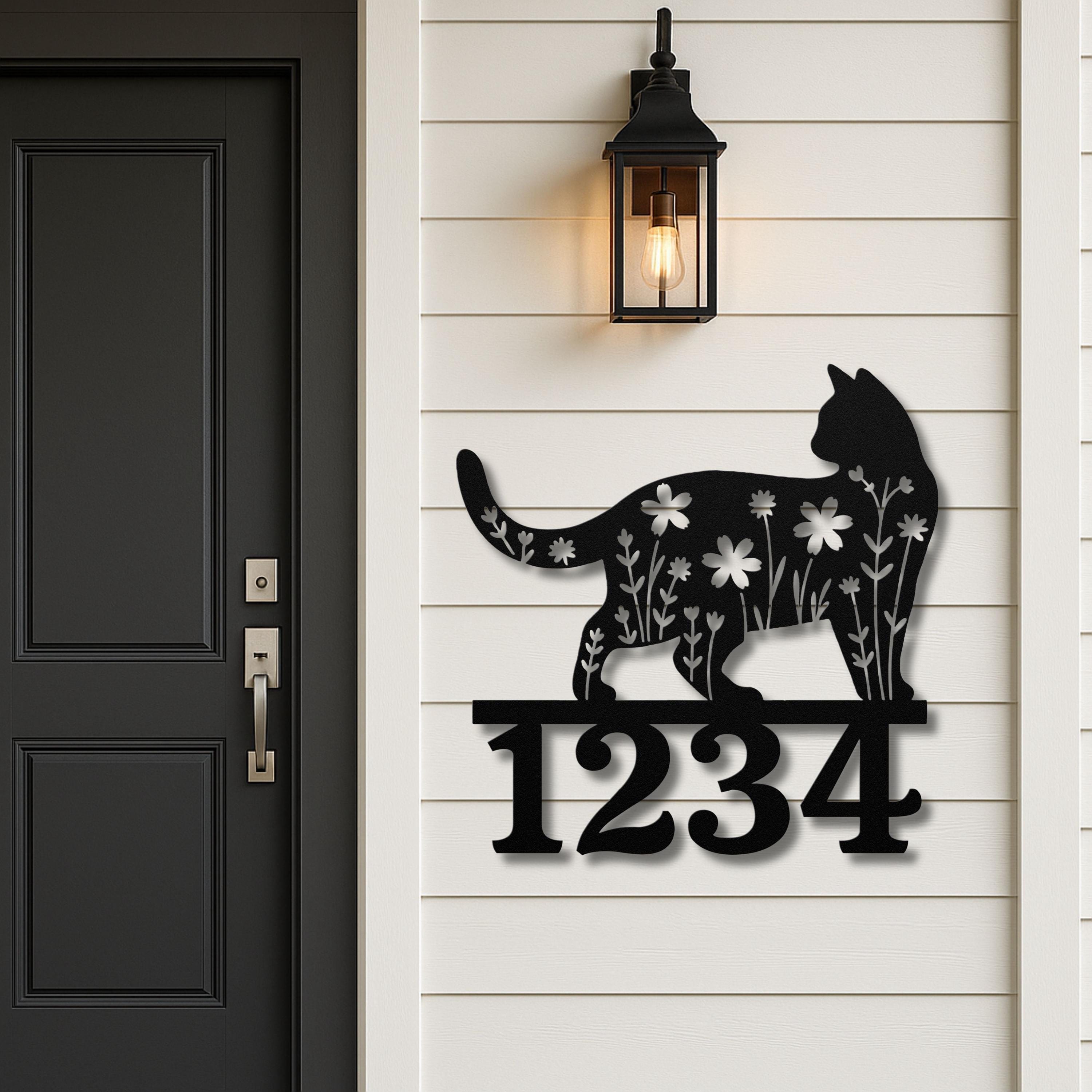 Floral Cat Address Sign: Custom Metal House Number Plaque