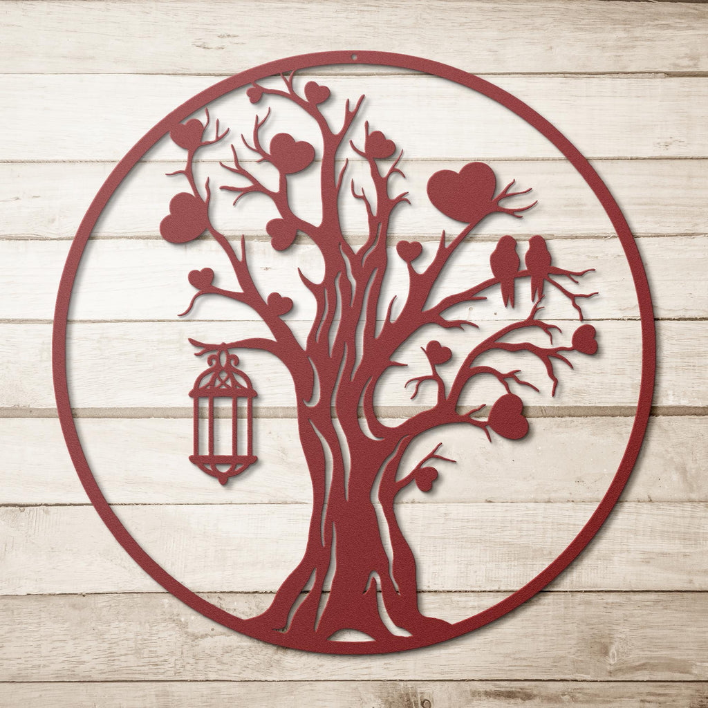 Tree of Life Metal Art – Heart Tree Sign With Love Birds Lantern, Family Sculpture