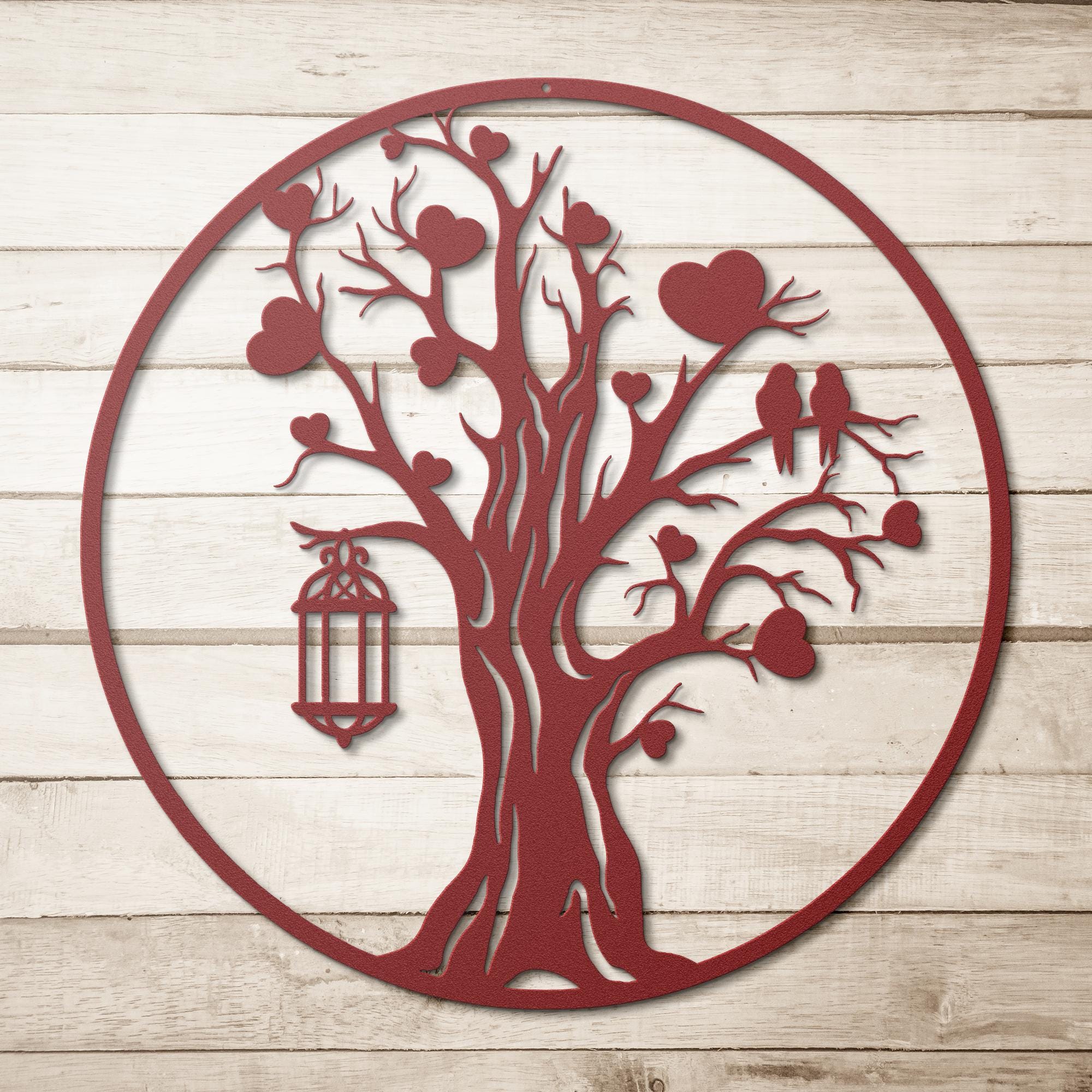Tree of Life Metal Art – Heart Tree Sign With Love Birds Lantern, Family Sculpture