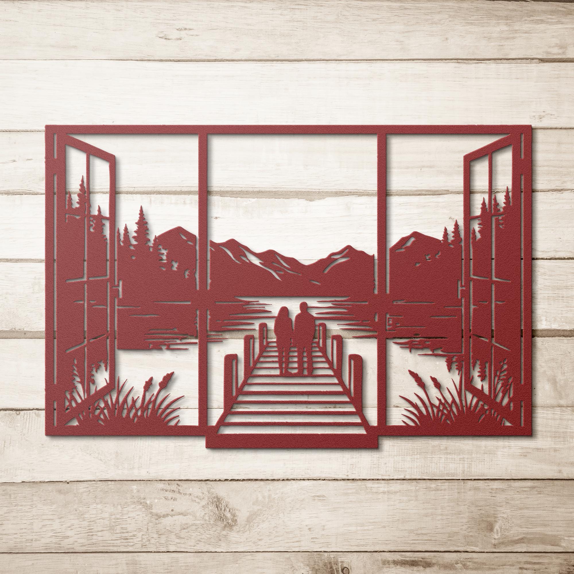 Couple on Dock Metal Wall Art, Lake House Window Decor, Romantic Mountain Sign, Love Gift