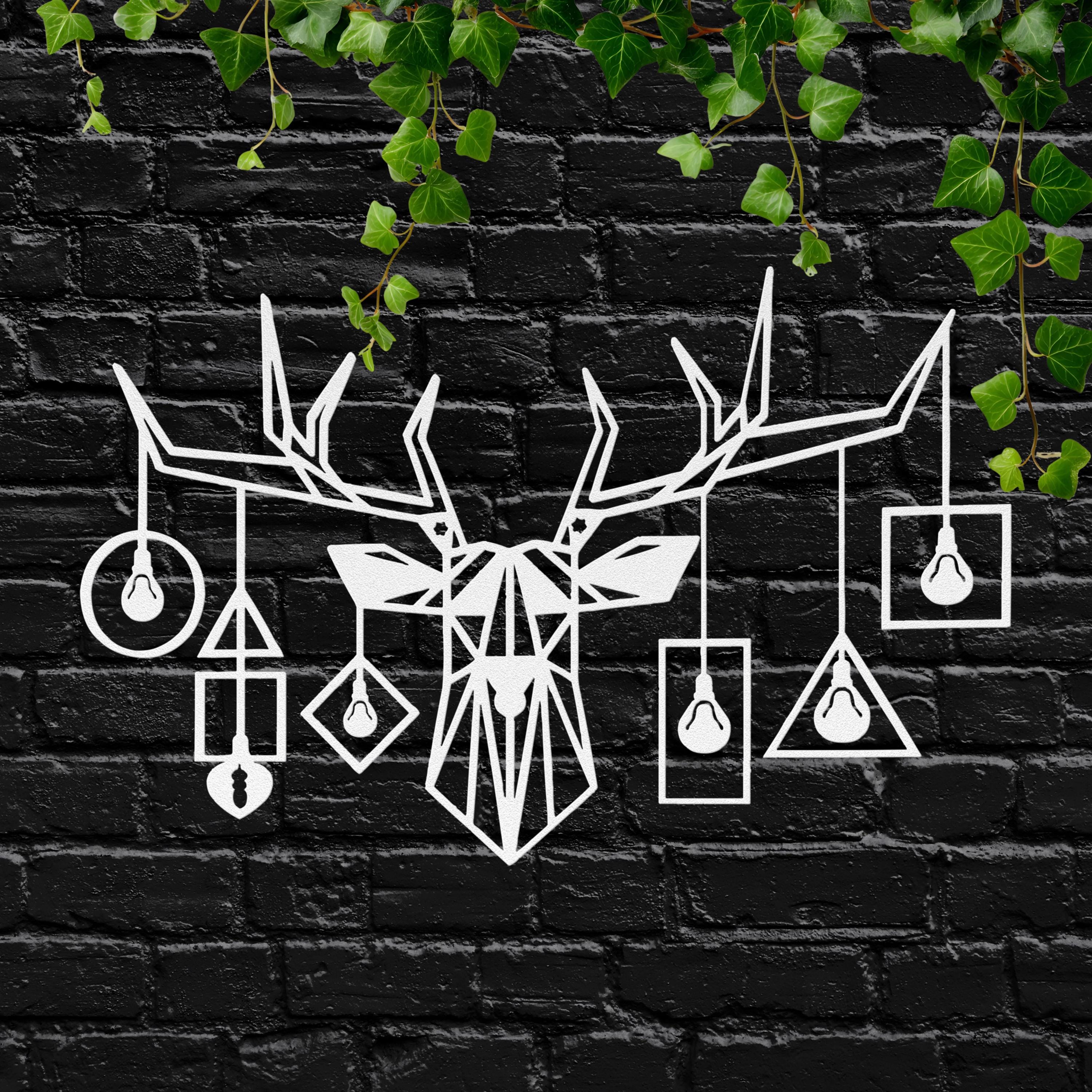Geometric Stag Metal Wall Art, Deer Head with Bulbs, Modern Industrial Sign, Antler Art