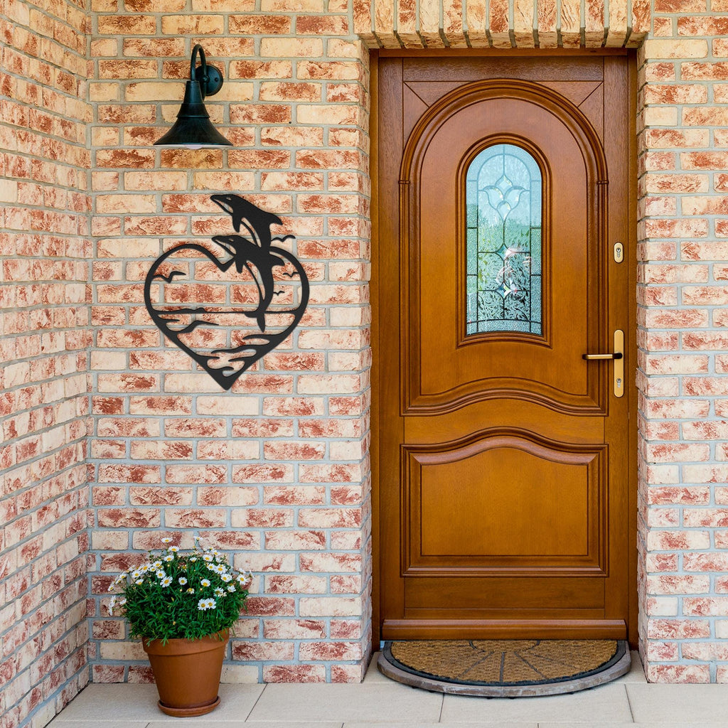 Dolphins in Heart Metal Wall Art: Romantic Ocean Decor