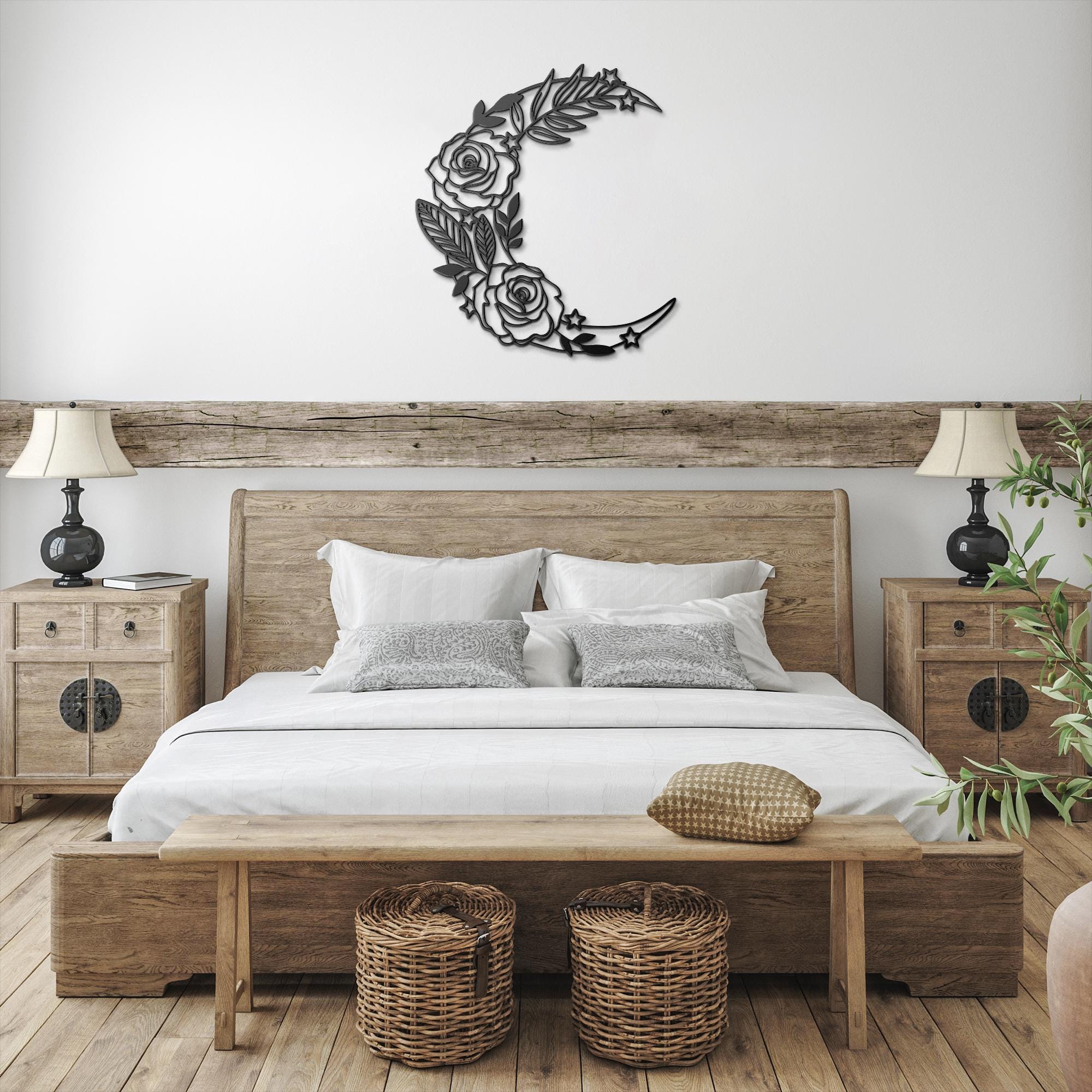 Floral Crescent Moon Metal Wall Art | Rose and Stars Witchy Decor | Boho Nursery Bedroom Sign