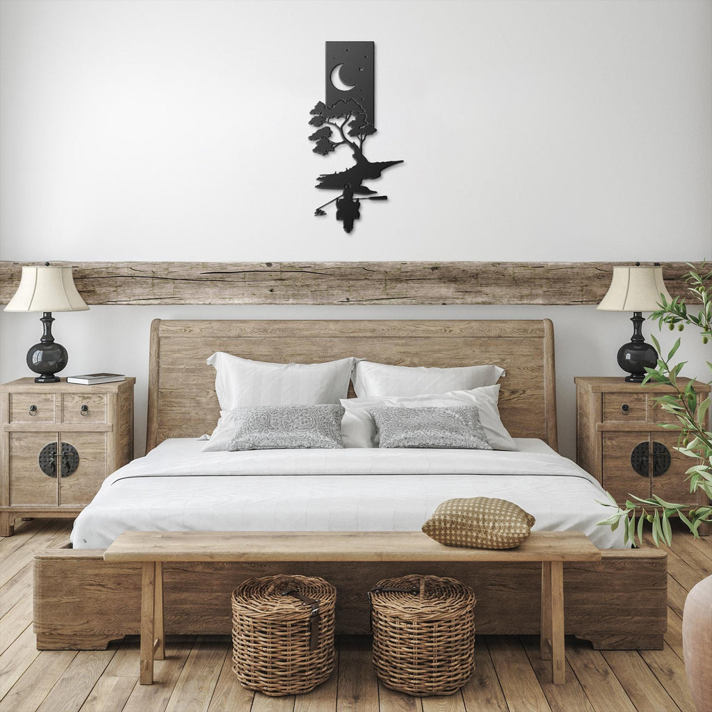 Fisherman Metal Wall Art, Lake Boat Night Decor, Moonlit Fishing Sign, Cabin Gift for Men