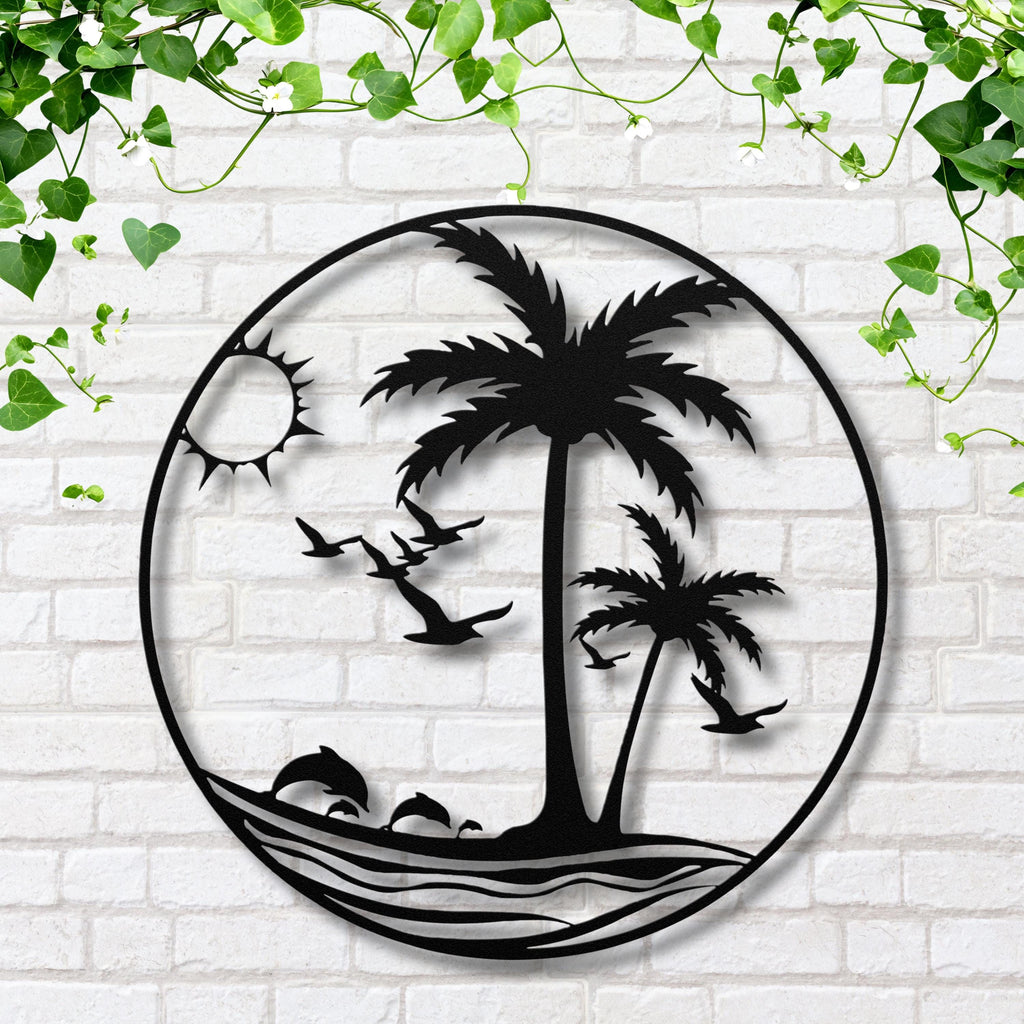 Tropical Beach Metal Wall Art, Palm Tree Dolphin Die Cut Sign, Coastal Island Home Decor Gift