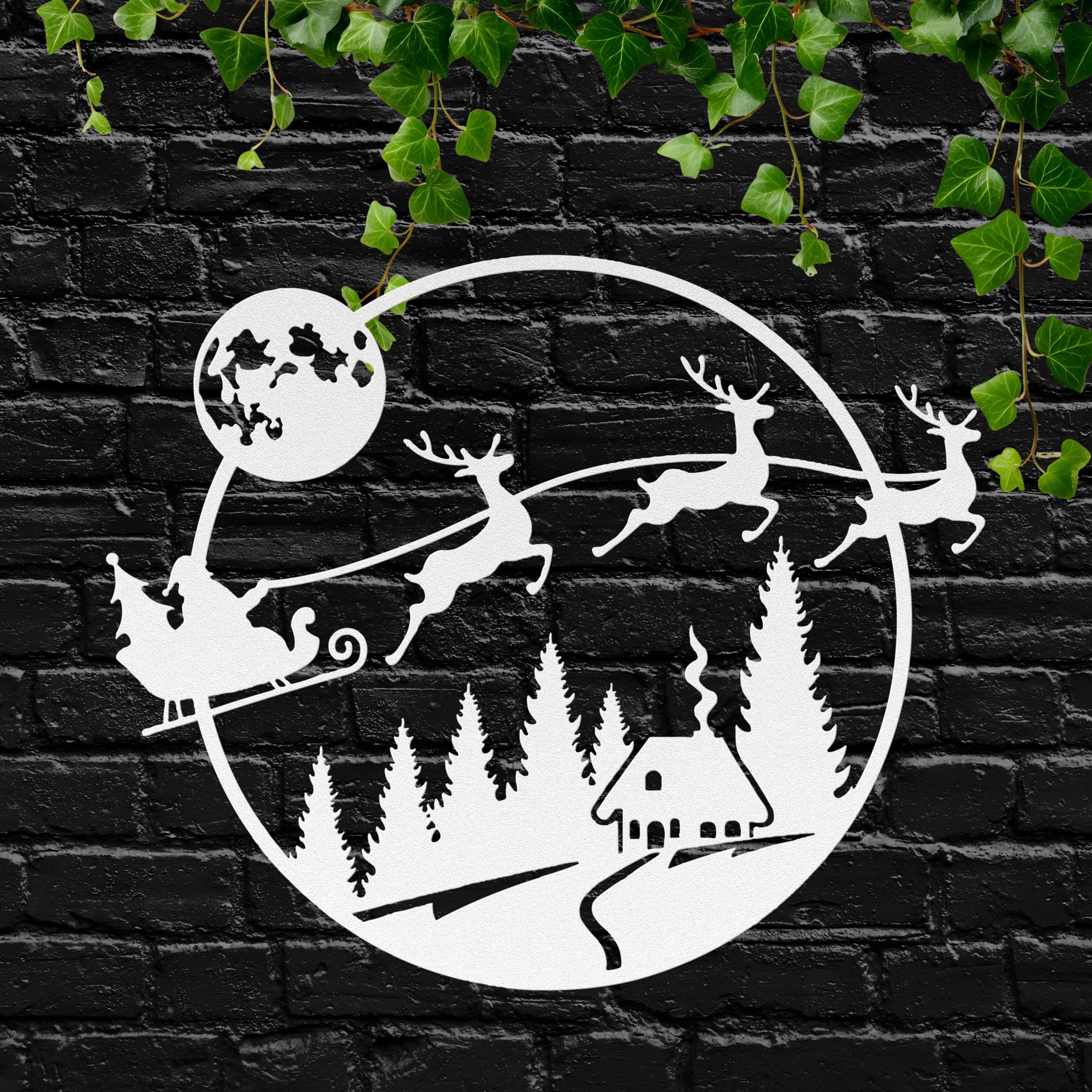 Santa Sleigh Metal Sign | Flying Reindeer Christmas Decor | Cabin Winter Scene | Round Holiday Die-Cut Wall Art