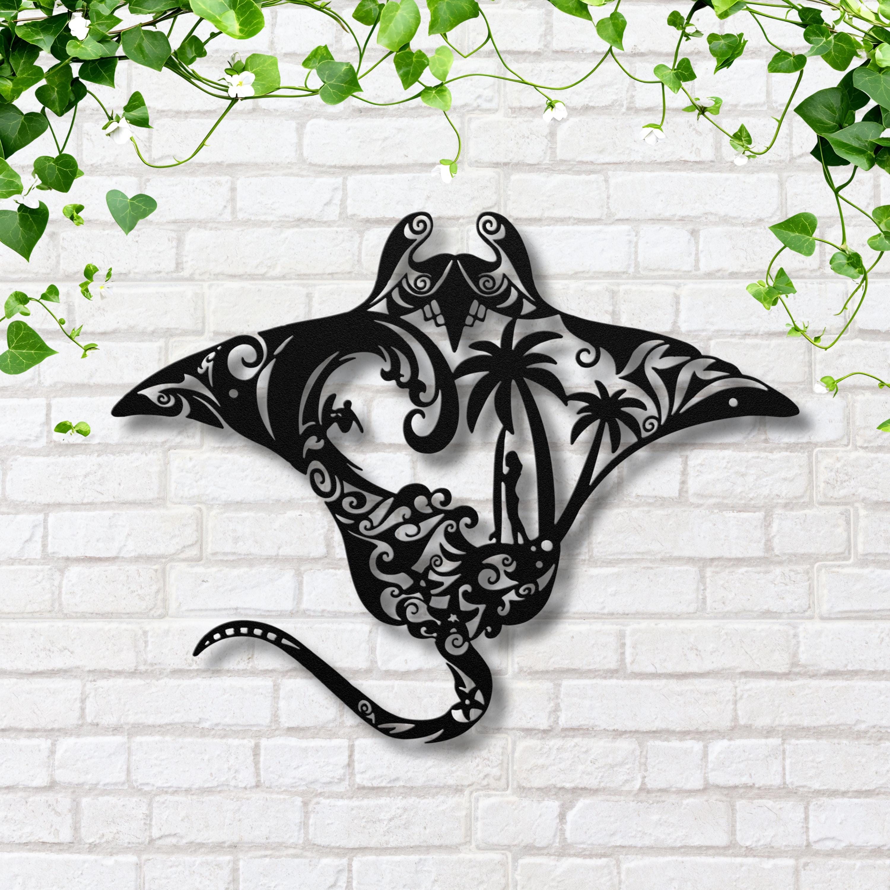 Manta Ray Tribal Metal Wall Art, Surf Beach Scene Sign, Coastal Island Home Decor