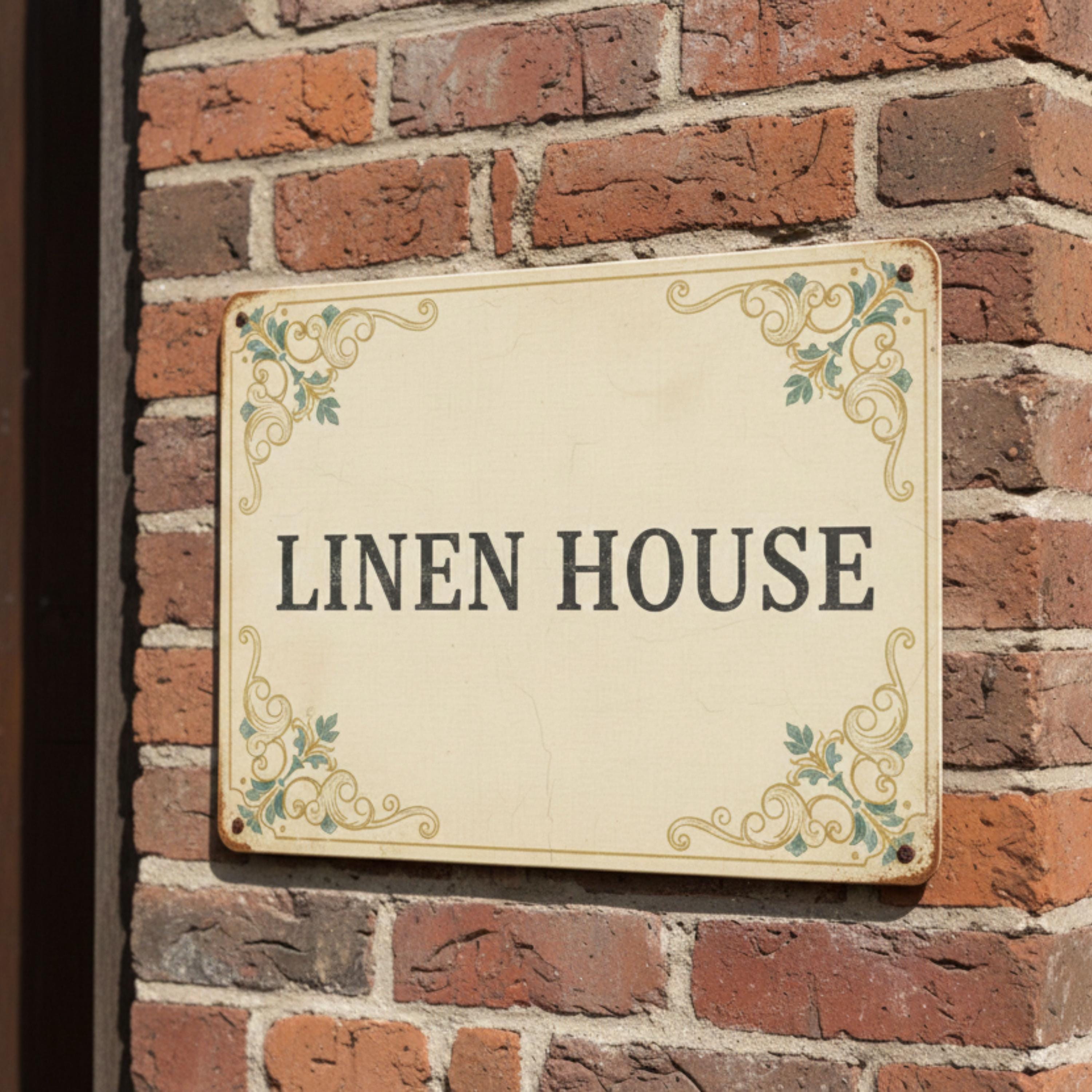Elegant Linen House Sign, Vintage Farmhouse Metal Plaque, Textile Shop Home Decor Gift