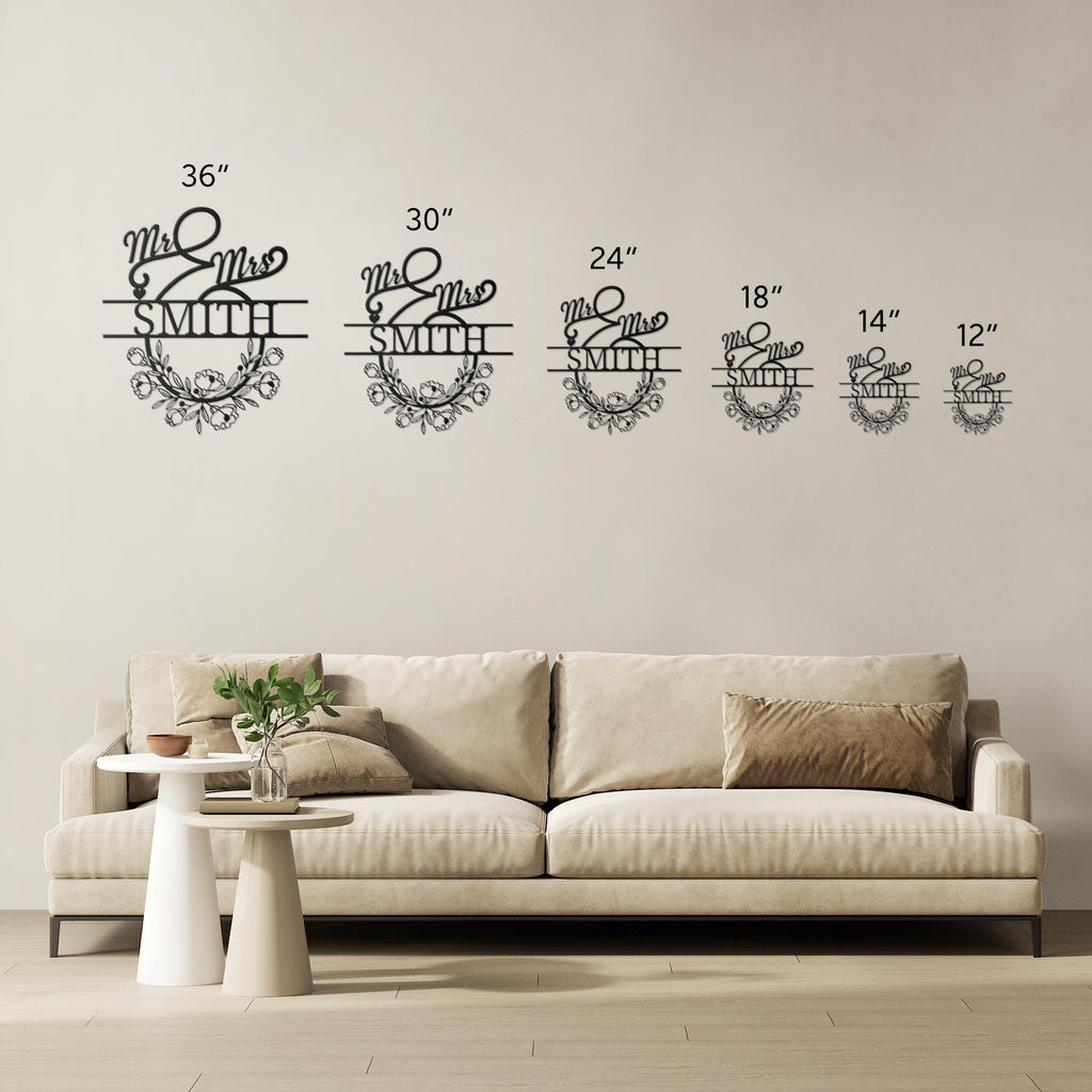 Personalized Mr. & Mrs. Metal Sign, Custom Last Name Wedding Gift, Floral Wreath Wall Decor