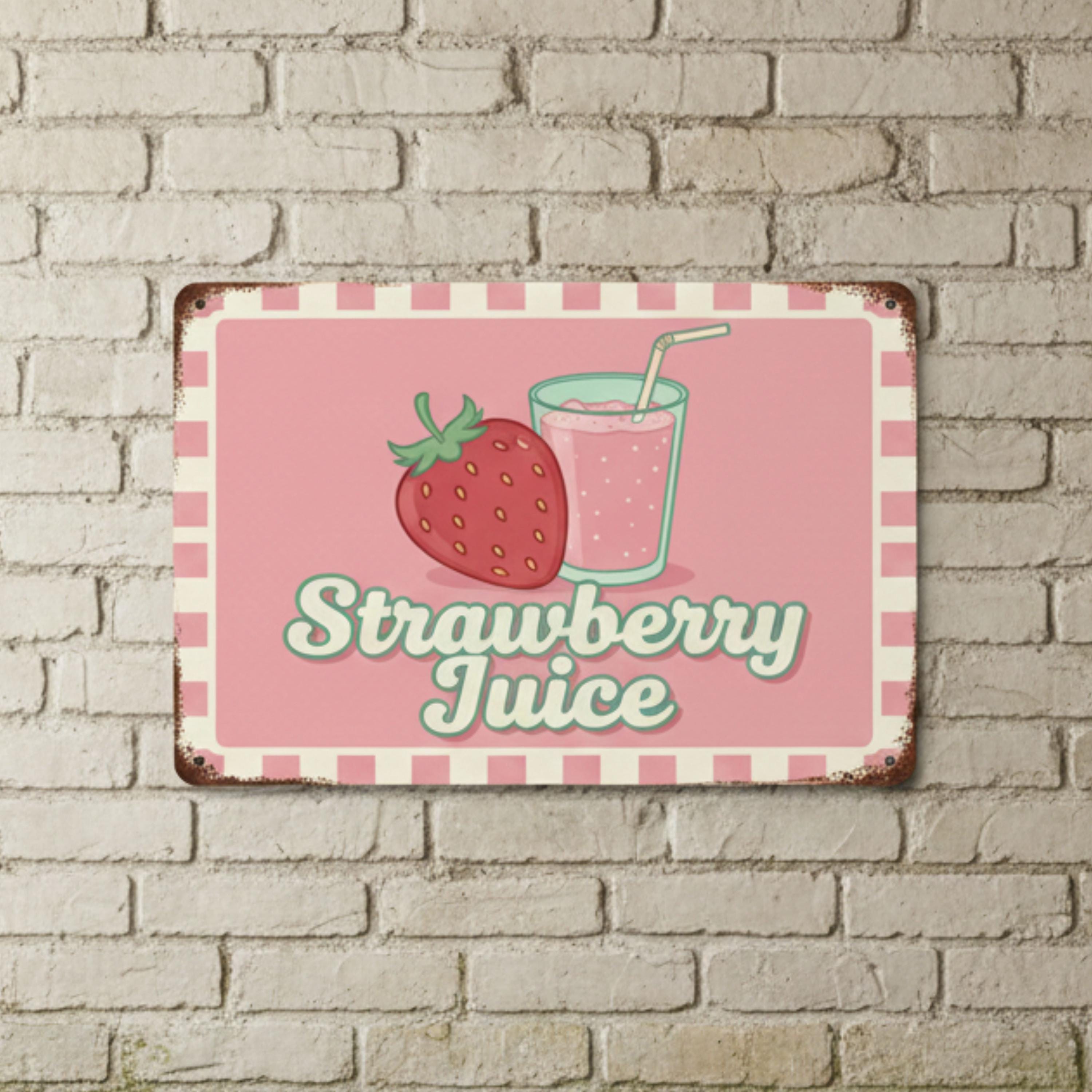Retro Strawberry Juice Metal Sign, Vintage Fruit Wall Art, Pink Kitchen Decor, Cafe Poster