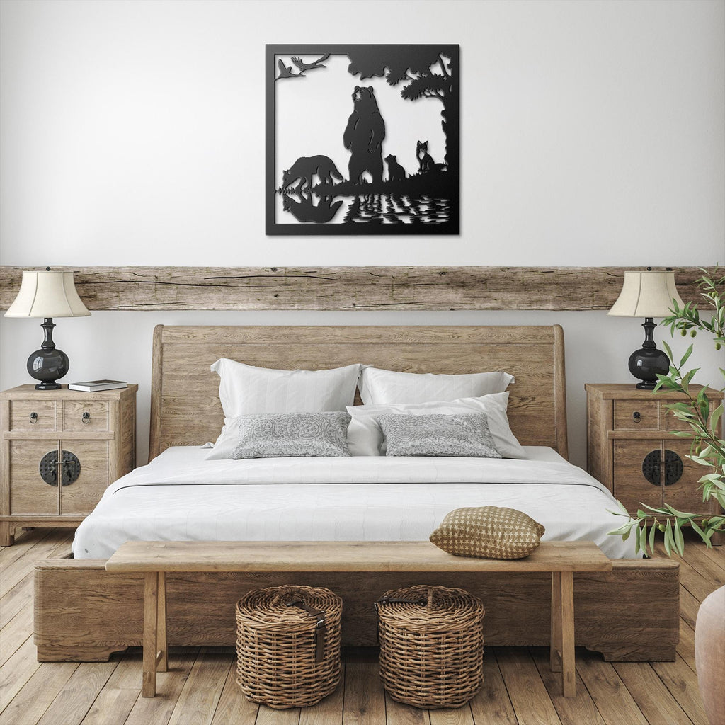 Forest Animals Lake Reflection Metal Art | Bear Fox Wolf Silhouette | Nature Wildlife Wall Decor | Rustic Cabin Sign