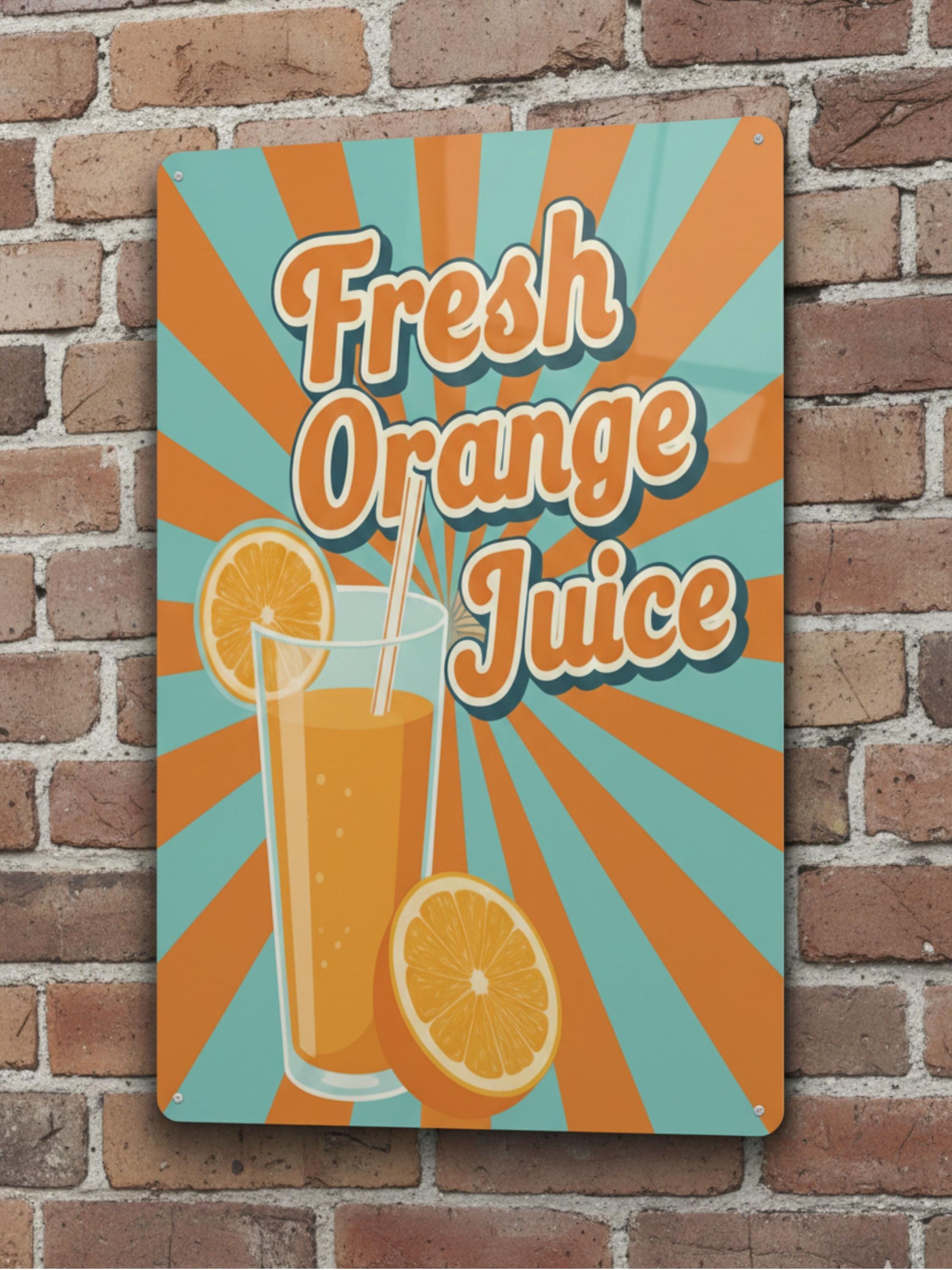 Vintage Fresh Orange Juice Metal Sign, Retro Kitchen Wall Decor, Diner Poster, Home Bar
