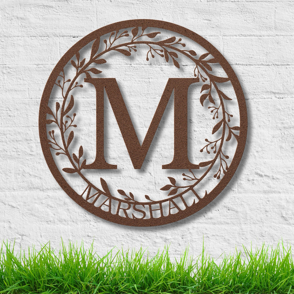 Personalized Wreath Sign - Custom Metal Art With Leafy Vine Border | Rustic Farmhouse Decor