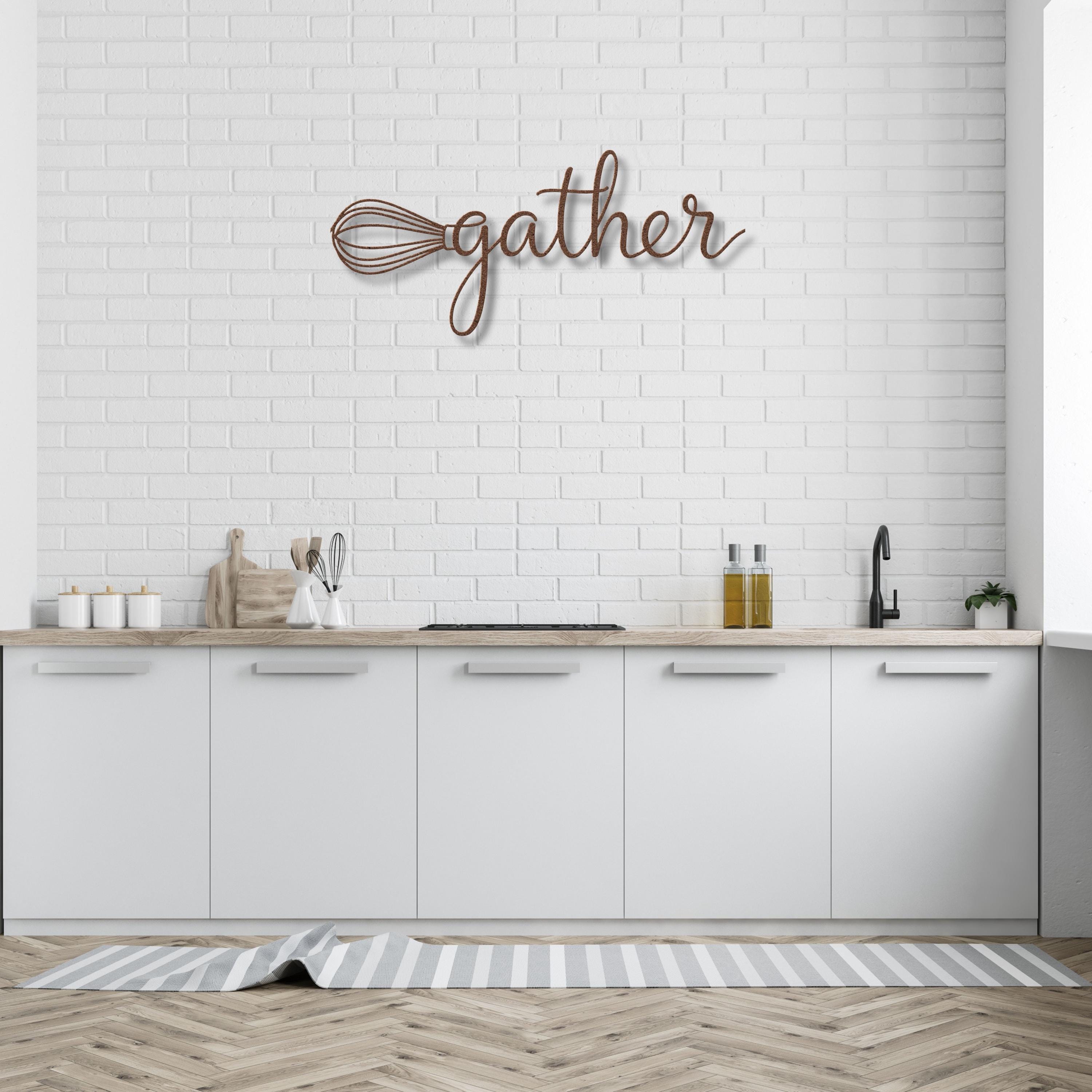 Gather Whisk Metal Wall Art | Kitchen Die Cut Sign, Farmhouse Decor, Cooking & Baking Gift, Script Word Sign