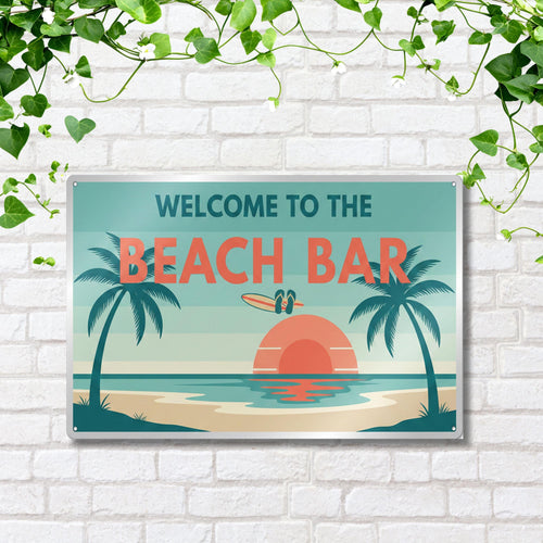 Beach Bar Metal Sign, Tropical Wall Art, Coastal Decor, Surfboard Sign, Tiki Bar Poster