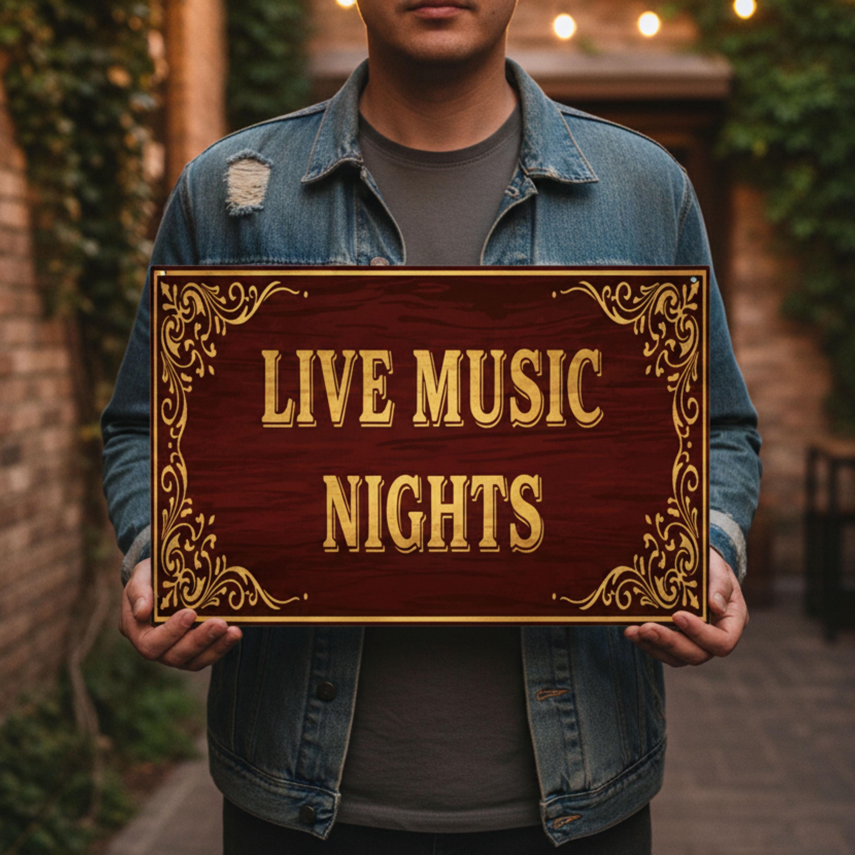 Live Music Nights Metal Sign, Gold Vintage Bar Decor, Pub Man Cave Wall Art, Speakeasy Piano Room