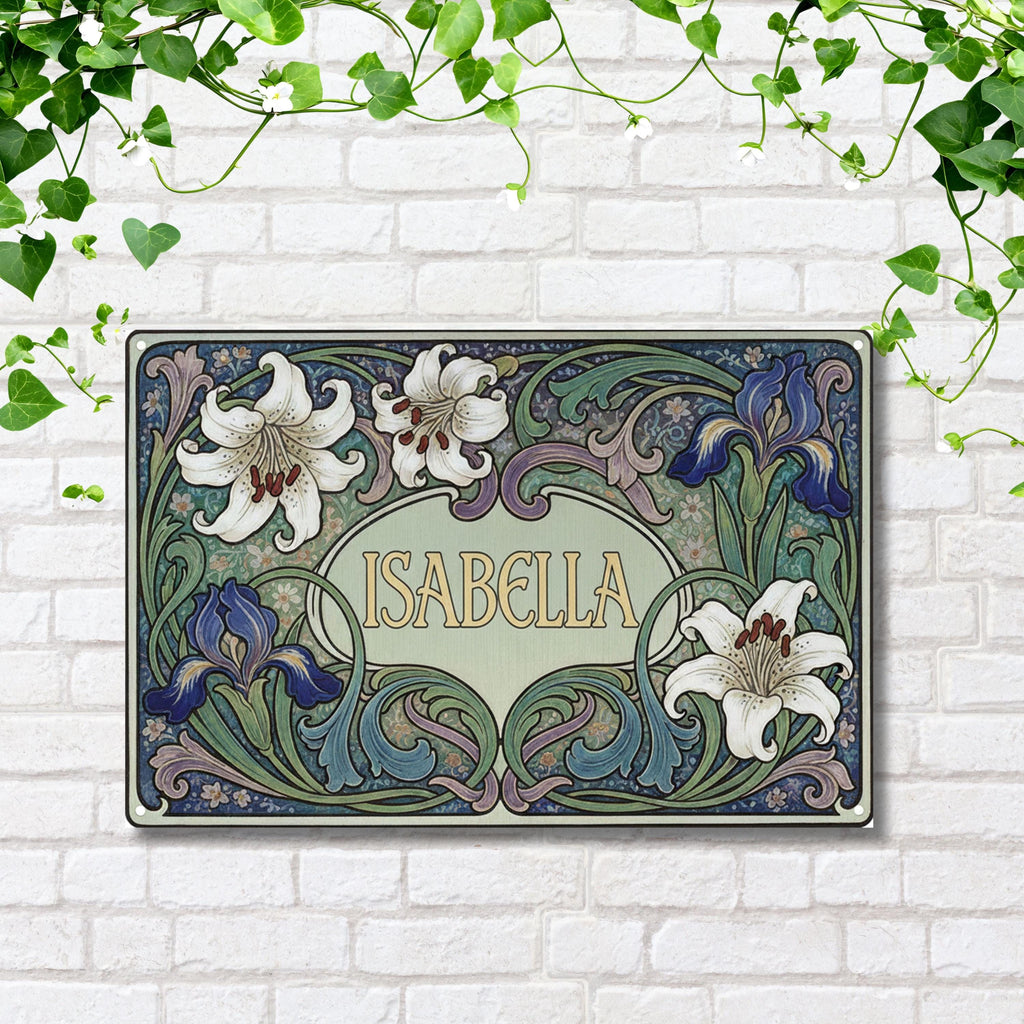 Custom Art Nouveau Name Sign, Personalized Metal Plaque, Lily Iris Floral Wall Art