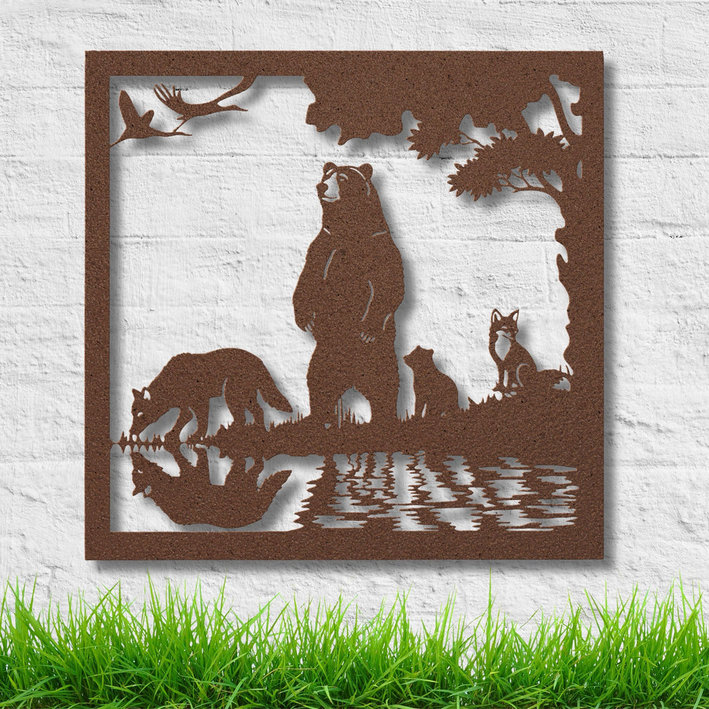 Forest Animals Lake Reflection Metal Art | Bear Fox Wolf Silhouette | Nature Wildlife Wall Decor | Rustic Cabin Sign