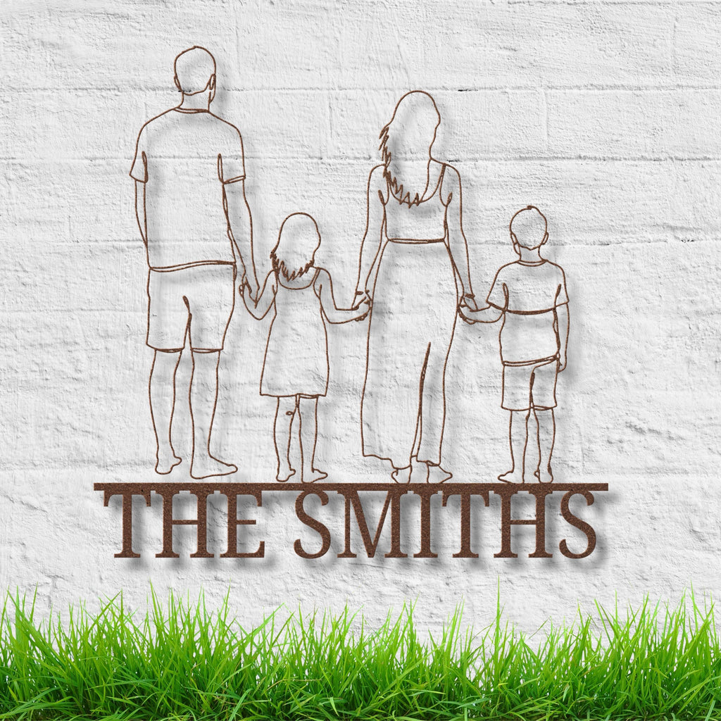Custom Family Metal Sign – Personalized Line Art Silhouette with Last Name Banner