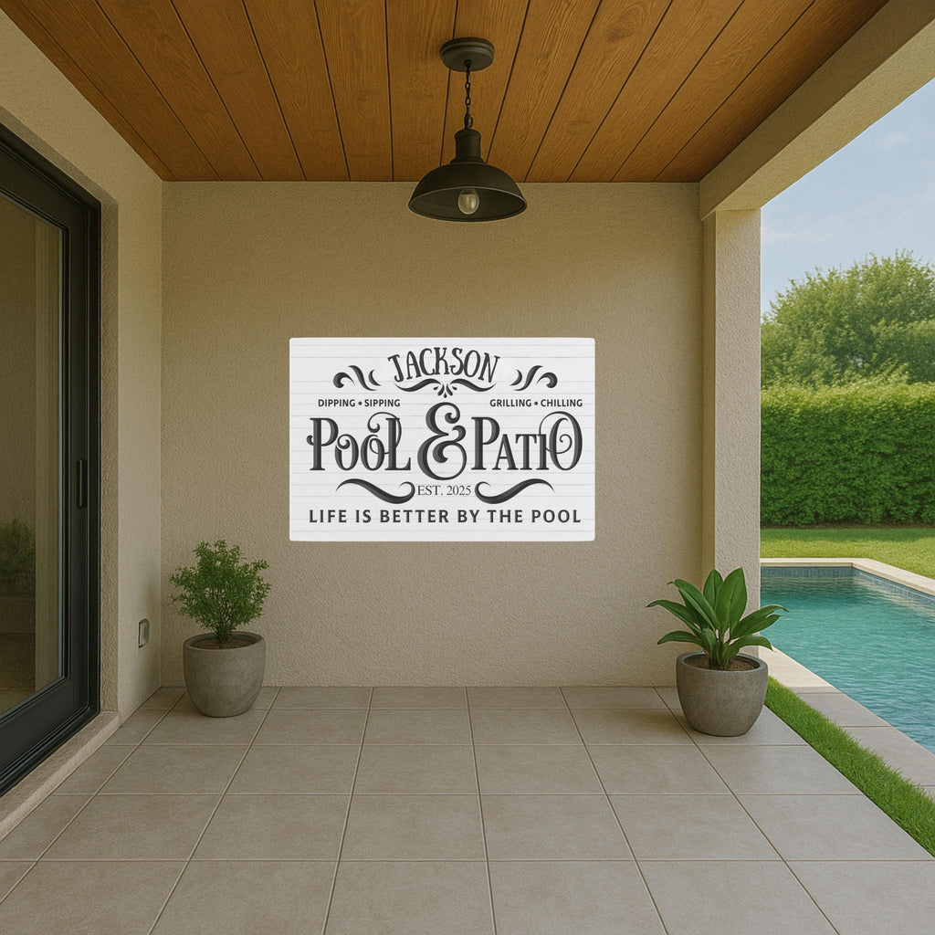 Custom Pool & Patio Metal Sign, Personalized Backyard Decor, Dipping Sipping Grilling, Established Year, Outdoor Family Gift