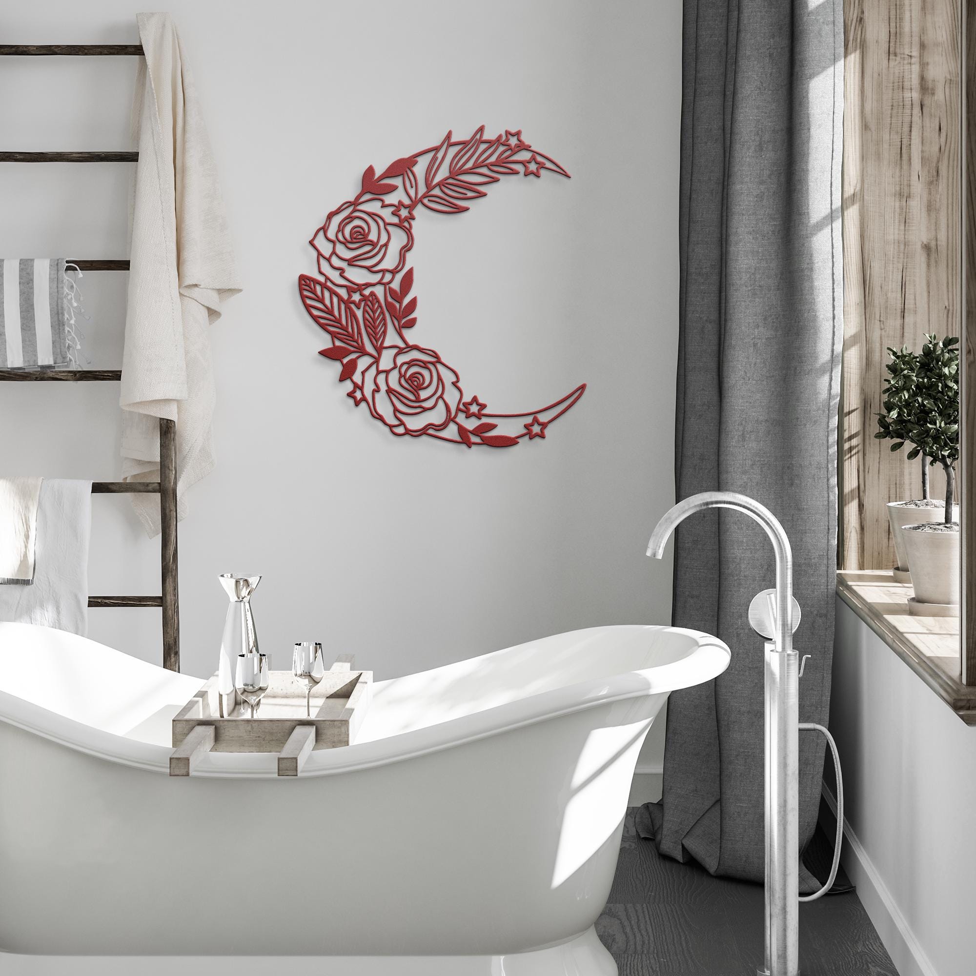 Floral Crescent Moon Metal Wall Art | Rose and Stars Witchy Decor | Boho Nursery Bedroom Sign