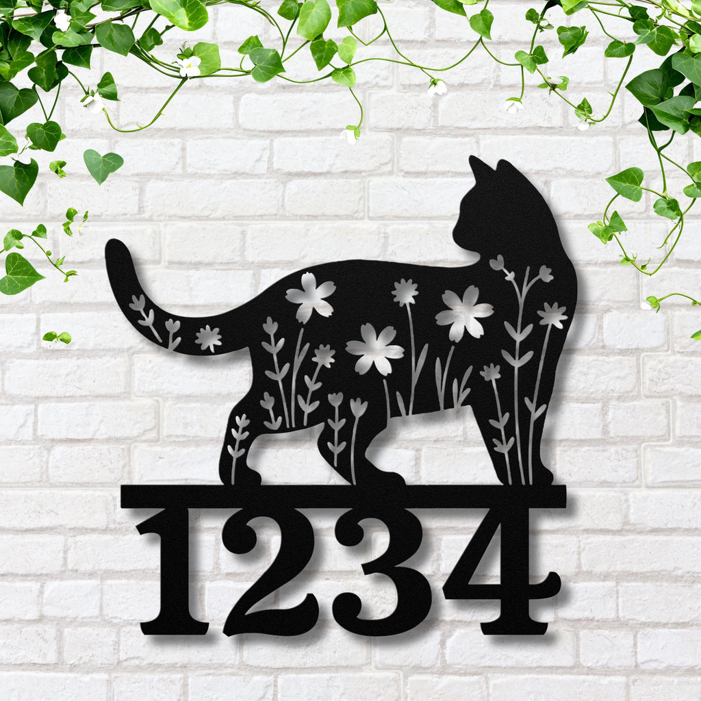 Floral Cat Address Sign: Custom Metal House Number Plaque