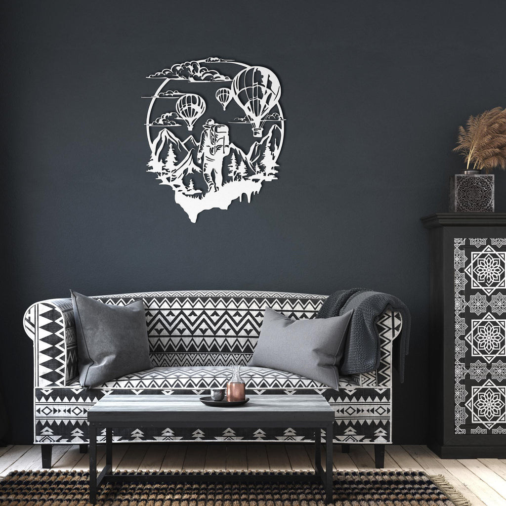 Adventure Hiker Hot Air Balloon Metal Wall Art | Travel Nature Scene Decor | Black Die-Cut Mountain Home Gift