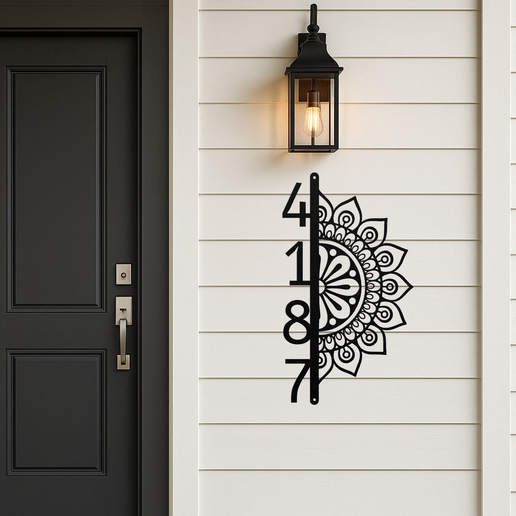 Vertical House Numbers Metal Sign, Half Mandala Address Plaque