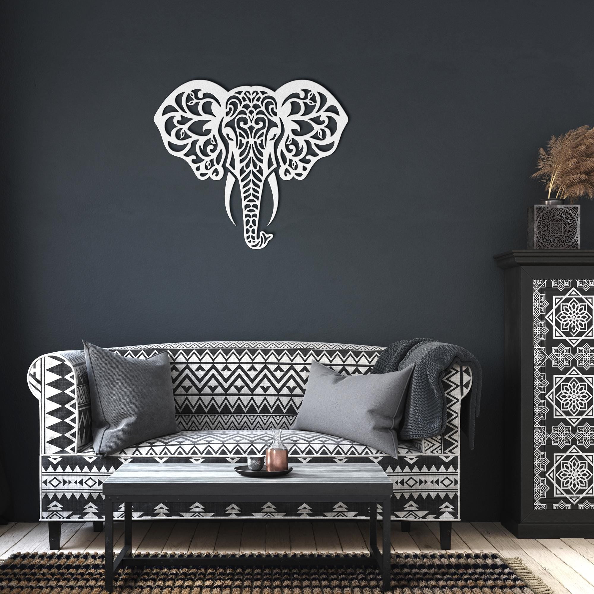 Elephant Metal Wall Art – Mandala Metal Decor | Boho Wall Hanging, Geometric Animal Art