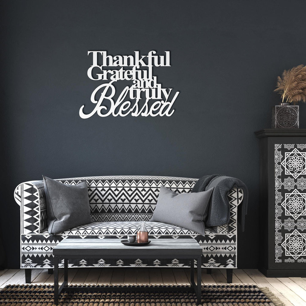 Thankful Grateful Blessed Metal Wall Art Sign, Inspirational Quote Decor, Modern Farmhouse Typography, Living Room Entryway Gift