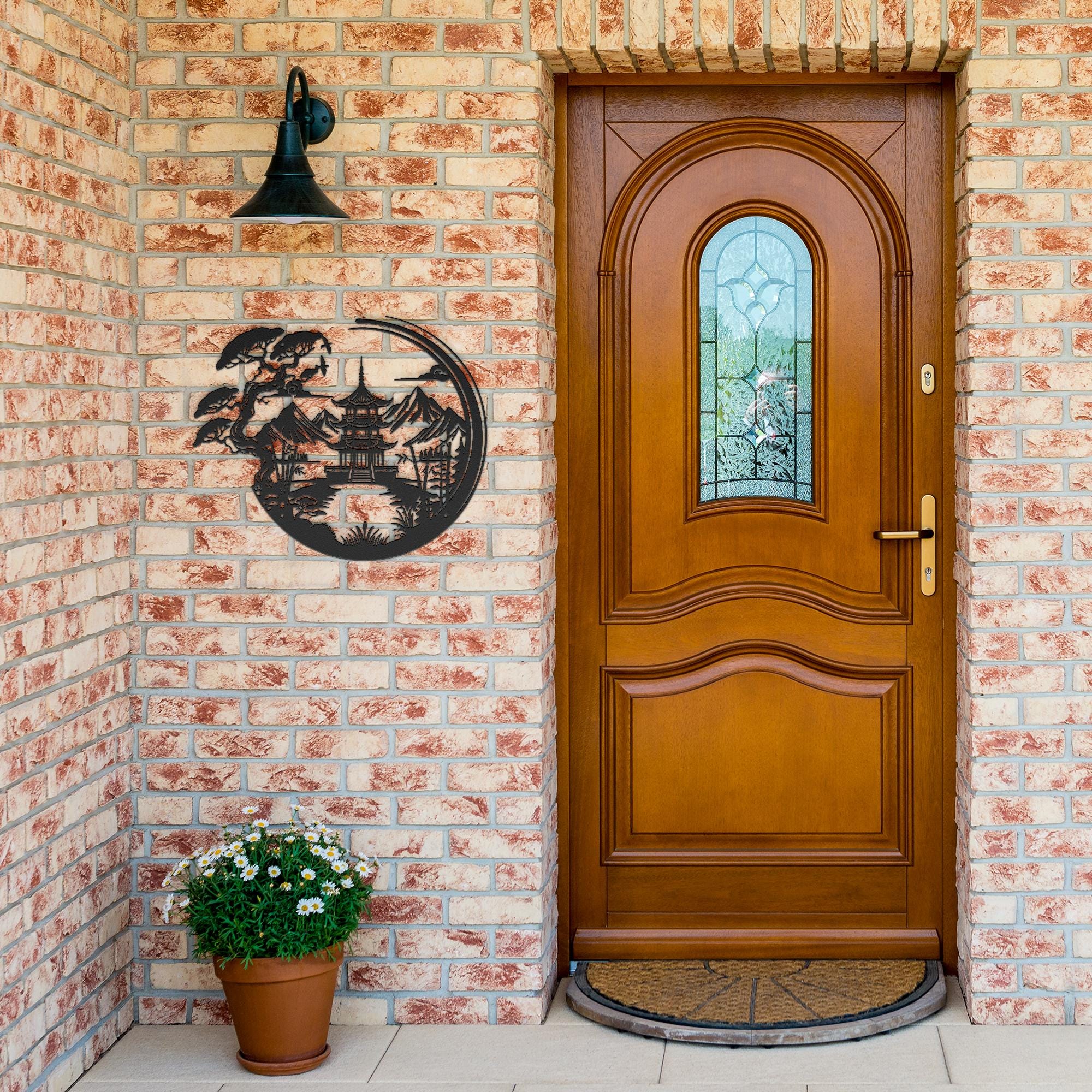 Japanese Pagoda Metal Wall Art: Zen Bonsai Landscape Decor