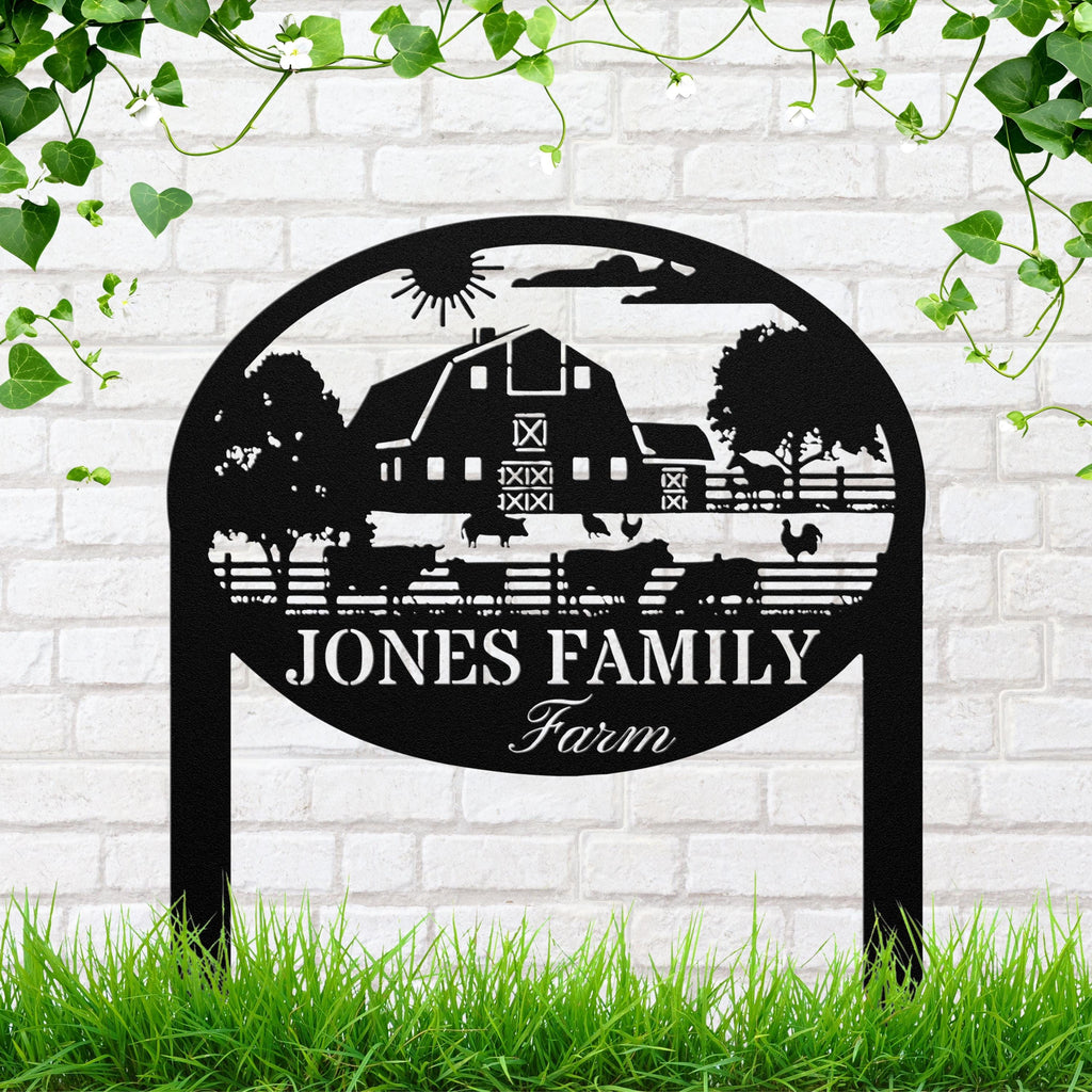 Custom Family Farm Sign, Personalized Die-Cut Metal Barn & Livestock Silhouette, Farmhouse Rural Yard Stake, Ranch Decor