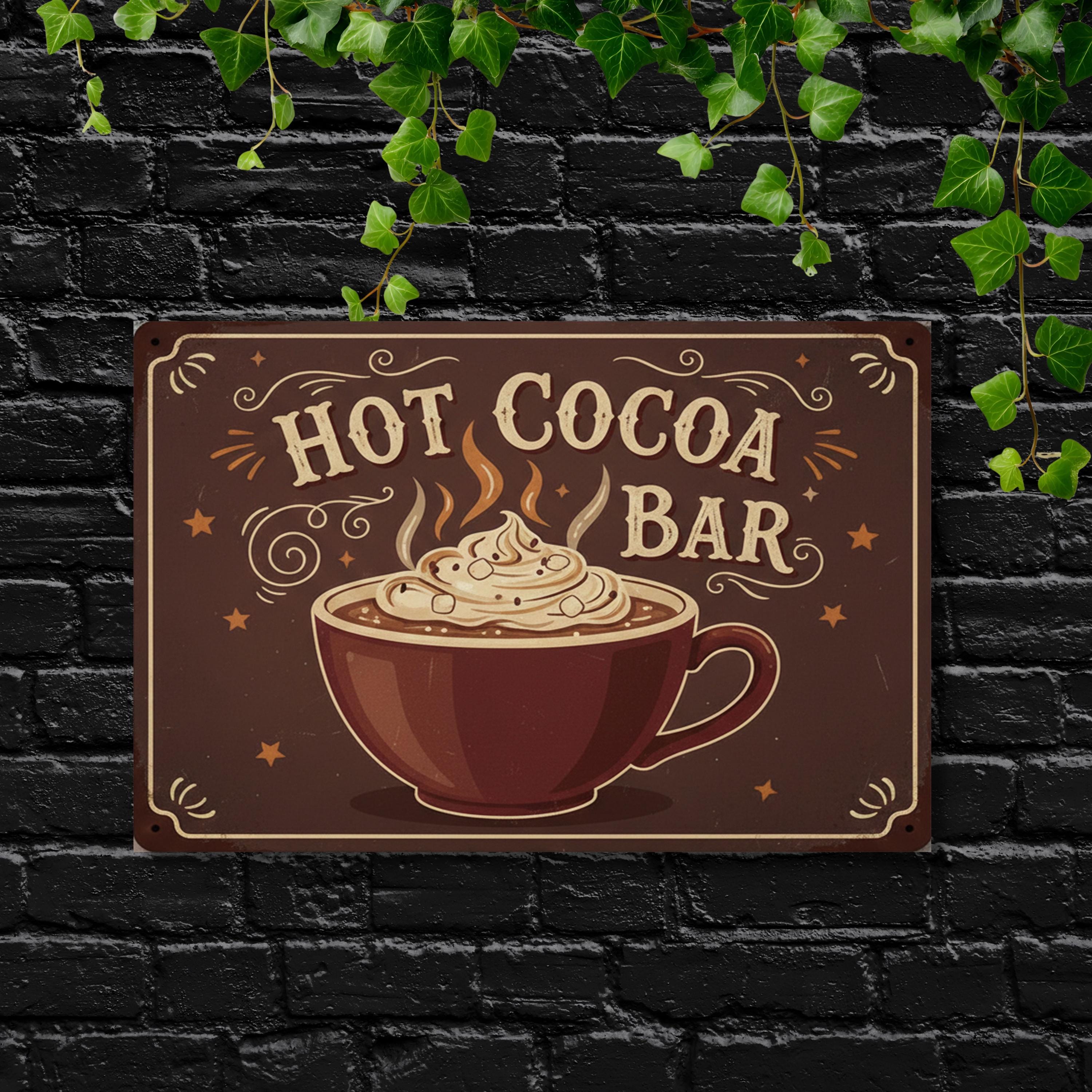 Vintage Hot Cocoa Bar Metal Sign, Winter Kitchen Decor, Cozy Drink Wall Art, Cocoa Station