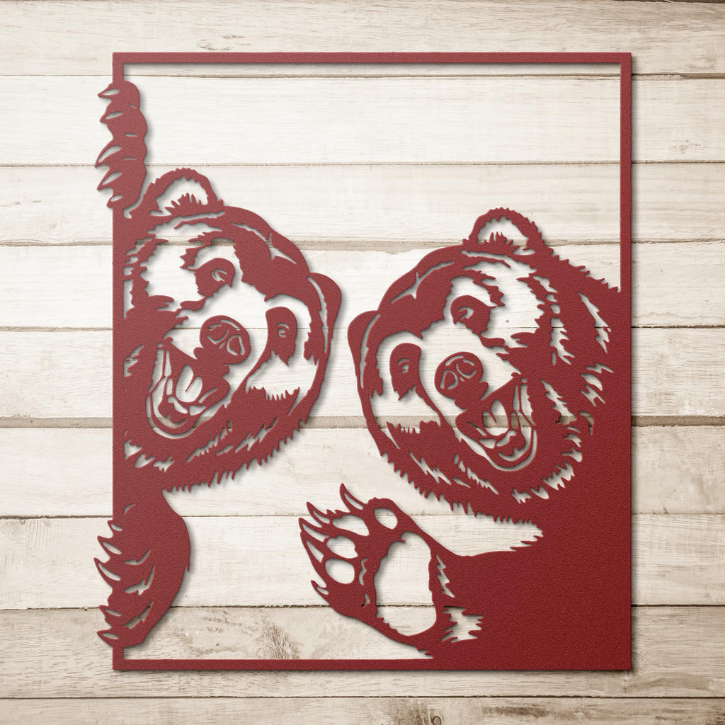 Smiling Bears Metal Wall Art, Playful Grizzly Sign, Wildlife Cabin Decor, Happy Animal Gift