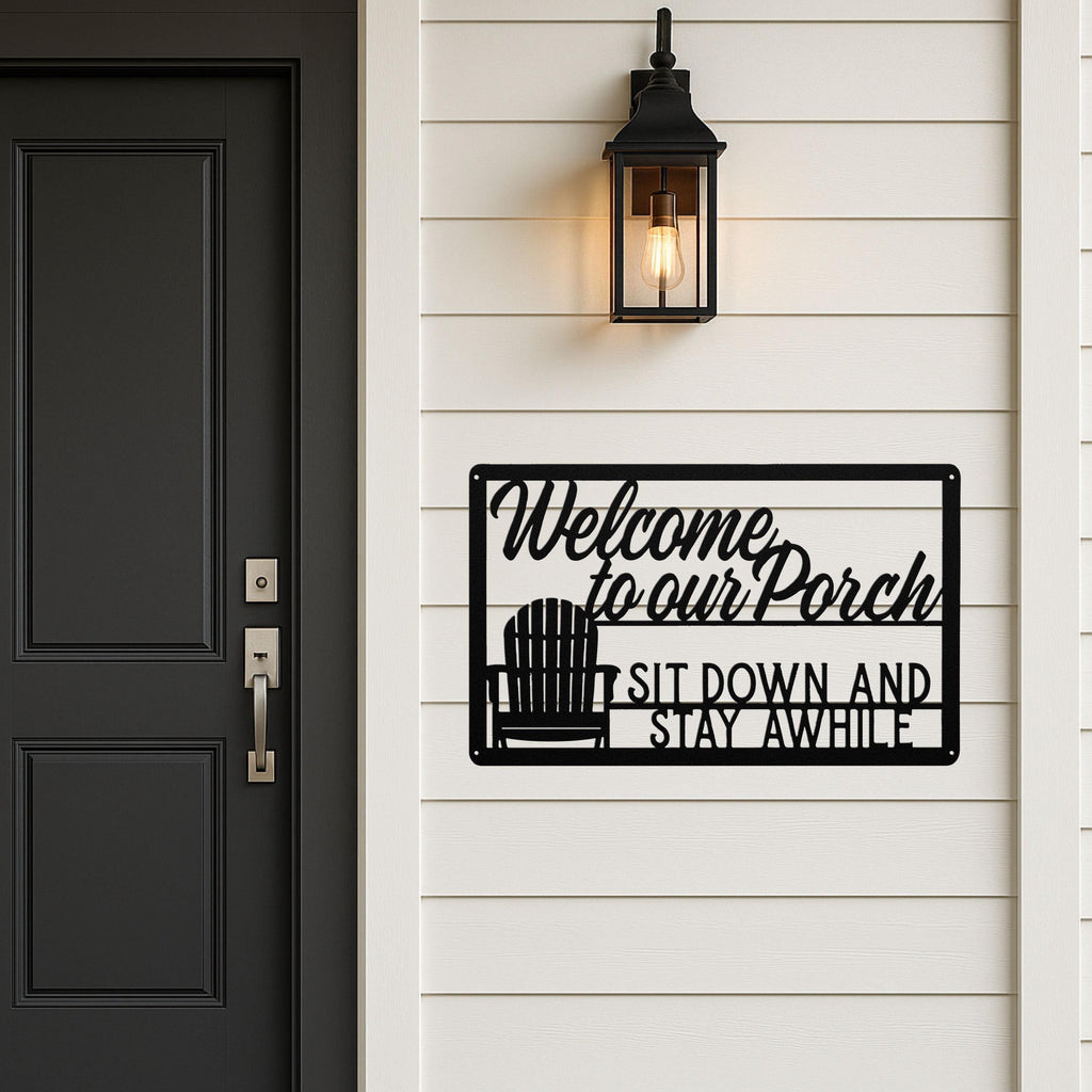 Welcome to Our Porch Metal Sign, Rustic Adirondack Chair Porch Art