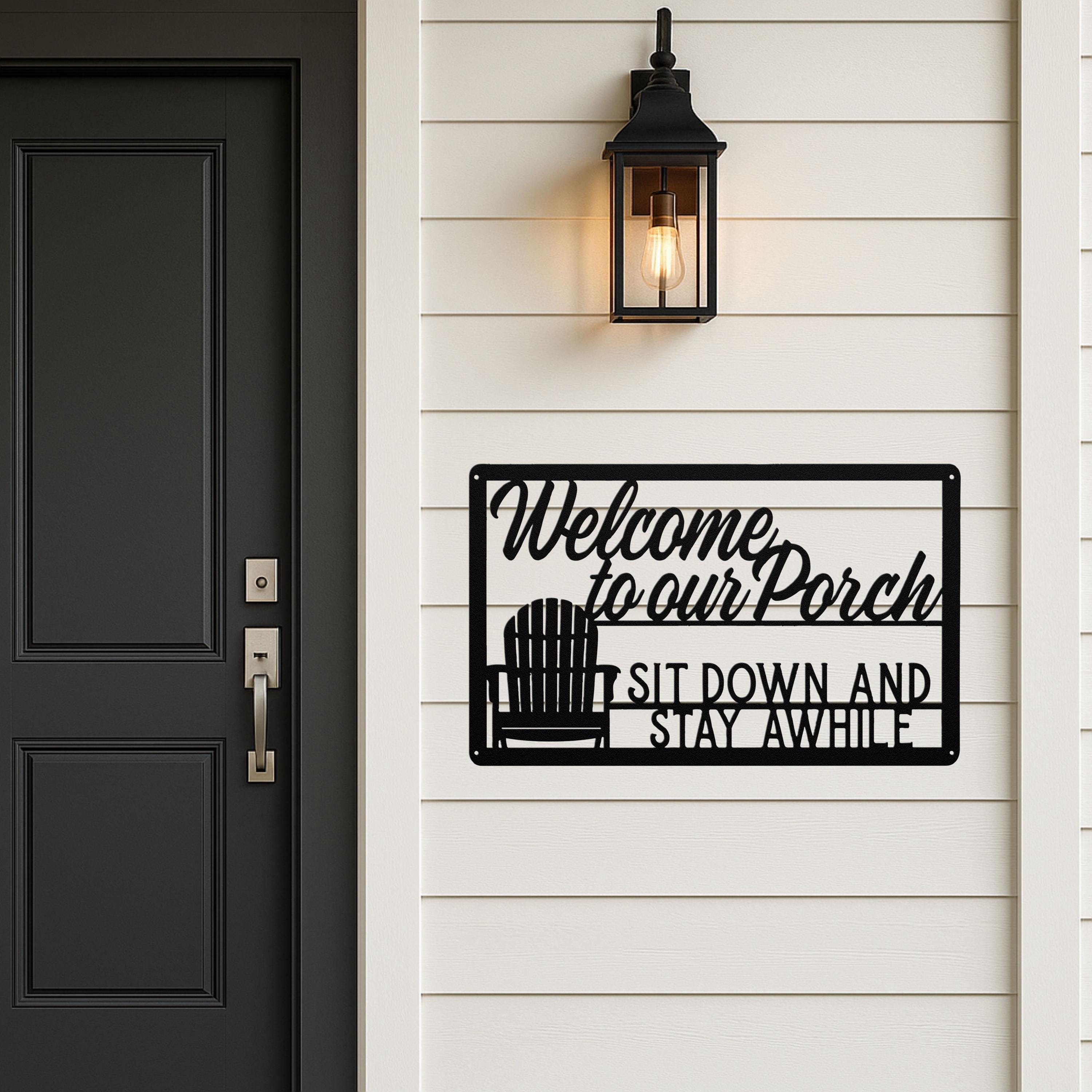 Welcome to Our Porch Metal Sign, Rustic Adirondack Chair Porch Art