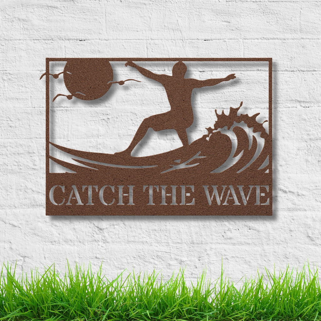 Personalized Catch The Wave Metal Sign, Surfer Wall Art, Beach House Ocean Decor
