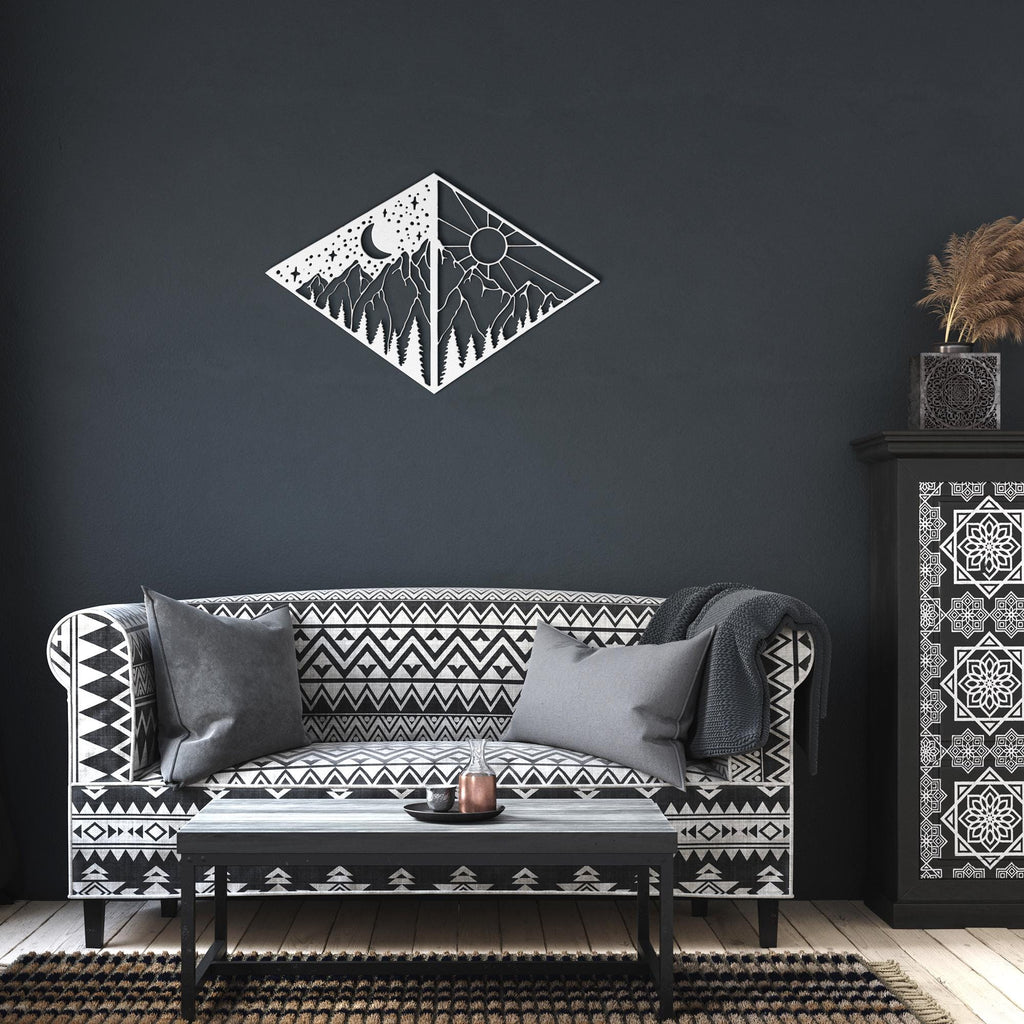 Mountain Metal Art – Sun Moon Geometric Wall Decor | Diamond Shape Cabin Sign