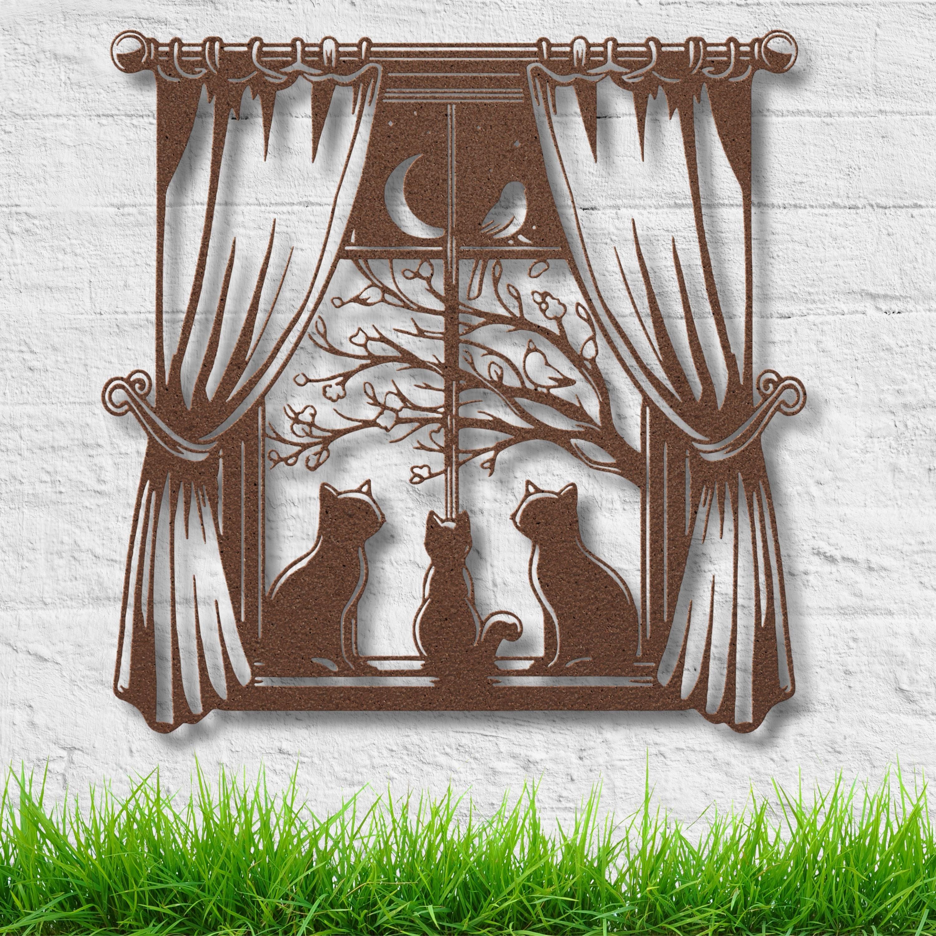 Cats Window Metal Wall Art, Moonlit Night Pet Decor, Cat Lover Gift, Feline Wall Sign