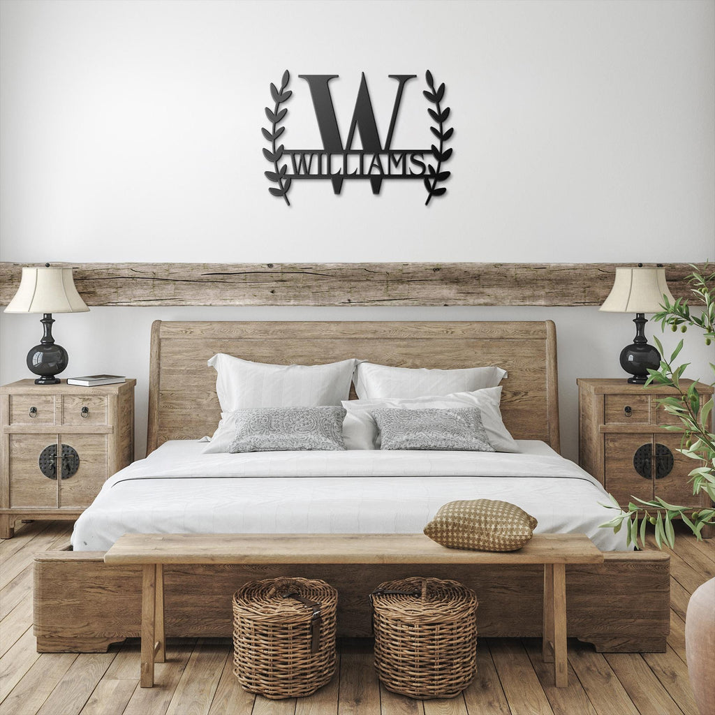 Personalized Laurel Leaf Metal Sign: Custom Benguiat Font, Powder Coated Steel