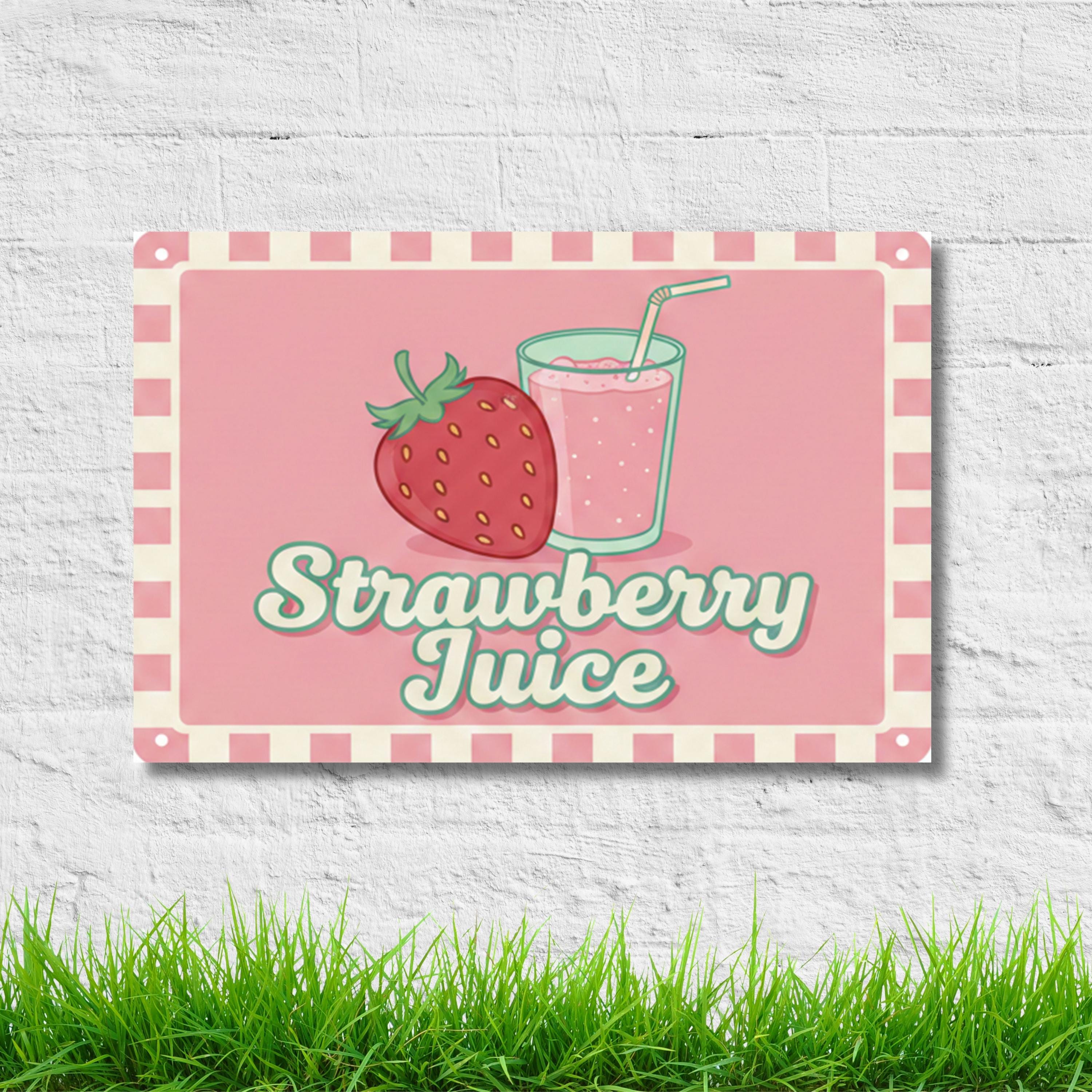 Retro Strawberry Juice Metal Sign, Vintage Fruit Wall Art, Pink Kitchen Decor, Cafe Poster